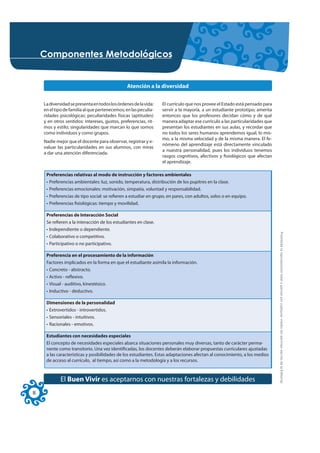 &RPSRQHQWHV 0HWRGROyJLFRV


                                                Atención a la diversidad


    La diversidad se presenta en todos los órdenes de la vida:   El currículo que nos provee el Estado está pensado para
    en el tipo de familia al que pertenecemos; en las peculia-   servir a la mayoría, a un estudiante prototipo; amerita
    ridades psicológicas; peculiaridades físicas (aptitudes)     entonces que los profesores decidan cómo y de qué
    y en otros sentidos: intereses, gustos, preferencias, rit-   manera adaptar ese currículo a las particularidades que
    mos y estilo; singularidades que marcan lo que somos         presentan los estudiantes en sus aulas, y recordar que
    como individuos y como grupos.                               no todos los seres humanos aprendemos igual, lo mis-
                                                                 mo, a la misma velocidad y de la misma manera. El fe-
    Nadie mejor que el docente para observar, registrar y e-
                                                                 nómeno del aprendizaje está directamente vinculado
    valuar las particularidades en sus alumnos, con miras
                                                                 a nuestra personalidad, pues los individuos tenemos
    a dar una atención diferenciada.
                                                                 rasgos cognitivos, afectivos y fisiológicos que afectan
                                                                 el aprendizaje.

     Preferencias relativas al modo de instrucción y factores ambientales
     • Preferencias ambientales: luz, sonido, temperatura, distribución de los pupitres en la clase.
     • Preferencias emocionales: motivación, simpatía, voluntad y responsabilidad.
     • Preferencias de tipo social: se refieren a estudiar en grupo, en pares, con adultos, solos o en equipo.
     • Preferencias fisiológicas: tiempo y movilidad.

     Preferencias de Interacción Social
     Se refieren a la interacción de los estudiantes en clase.
     • Independiente o dependiente.




                                                                                                                           Prohibida la reproducción total o parcial por cualquier medio sin permiso escrito de la Editorial.
     • Colaborativo o competitivo.
     • Participativo o no participativo.

     Preferencia en el procesamiento de la información
     Factores implicados en la forma en que el estudiante asimila la información.
     • Concreto - abstracto.
     • Activo - reflexivo.
     • Visual - auditivo, kinestésico.
     • Inductivo - deductivo.

     Dimensiones de la personalidad
     • Extrovertidos - introvertidos.
     • Sensoriales - intuitivos.
     • Racionales - emotivos.

     Estudiantes con necesidades especiales
     El concepto de necesidades especiales abarca situaciones personales muy diversas, tanto de carácter perma-
     nente como transitorio. Una vez identificadas, los docentes deberán elaborar propuestas curriculares ajustadas
     a las características y posibilidades de los estudiantes. Estas adaptaciones afectan al conocimiento, a los medios
     de acceso al currículo, al tiempo, así como a la metodología y a los recursos.



            El Buen Vivir es aceptarnos con nuestras fortalezas y debilidades
8
 