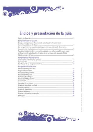 Índice y presentación de la guía
Carta a los docentes .......................................................................