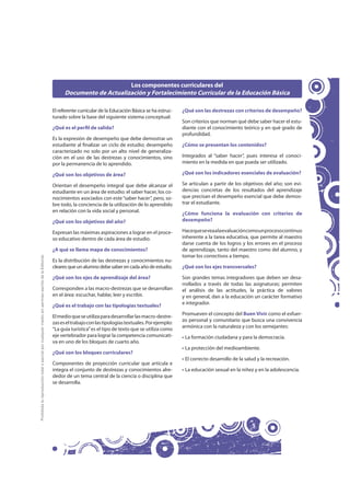 Los componentes curriculares del
                                                                                                           Documento de Actualización y Fortalecimiento Curricular de la Educación Básica

                                                                                                     El referente curricular de la Educación Básica se ha estruc-   ¿Qué son las destrezas con criterios de desempeño?
                                                                                                     turado sobre la base del siguiente sistema conceptual:
                                                                                                                                                                    Son criterios que norman qué debe saber hacer el estu-
                                                                                                     ¿Qué es el perfil de salida?                                   diante con el conocimiento teórico y en qué grado de
                                                                                                                                                                    profundidad.
                                                                                                     Es la expresión de desempeño que debe demostrar un
                                                                                                     estudiante al finalizar un ciclo de estudio; desempeño         ¿Cómo se presentan los contenidos?
                                                                                                     caracterizado no solo por un alto nivel de generaliza-
                                                                                                     ción en el uso de las destrezas y conocimientos, sino          Integrados al “saber hacer”, pues interesa el conoci-
                                                                                                     por la permanencia de lo aprendido.                            miento en la medida en que pueda ser utilizado.

                                                                                                     ¿Qué son los objetivos de área?                                ¿Qué son los indicadores esenciales de evaluación?

                                                                                                     Orientan el desempeño integral que debe alcanzar el            Se articulan a partir de los objetivos del año; son evi-
                                                                                                     estudiante en un área de estudio: el saber hacer, los co-      dencias concretas de los resultados del aprendizaje
                                                                                                     nocimientos asociados con este “saber hacer”, pero, so-        que precisan el desempeño esencial que debe demos-
                                                                                                     bre todo, la conciencia de la utilización de lo aprendido      trar el estudiante.
                                                                                                     en relación con la vida social y personal.
                                                                                                                                                                    ¿Cómo funciona la evaluación con criterios de
                                                                                                     ¿Qué son los objetivos del año?                                desempeño?

                                                                                                     Expresan las máximas aspiraciones a lograr en el proce-        Hace que se vea a la evaluación como un proceso continuo
                                                                                                     so educativo dentro de cada área de estudio.                   inherente a la tarea educativa, que permite al maestro
                                                                                                                                                                    darse cuenta de los logros y los errores en el proceso
                                                                                                     ¿A qué se llama mapa de conocimientos?                         de aprendizaje, tanto del maestro como del alumno, y
                                                                                                                                                                    tomar los correctivos a tiempo.
Prohibida la reproducción total o parcial por cualquier medio sin permiso escrito de la Editorial.




                                                                                                     Es la distribución de las destrezas y conocimientos nu-
                                                                                                     cleares que un alumno debe saber en cada año de estudio.       ¿Qué son los ejes transversales?

                                                                                                     ¿Qué son los ejes de aprendizaje del área?                     Son grandes temas integradores que deben ser desa-
                                                                                                                                                                    rrollados a través de todas las asignaturas; permiten
                                                                                                     Corresponden a las macro-destrezas que se desarrollan          el análisis de las actitudes, la práctica de valores
                                                                                                     en el área: escuchar, hablar, leer y escribir.                 y en general, dan a la educación un carácter formativo
                                                                                                                                                                    e integrador.
                                                                                                     ¿Qué es el trabajo con las tipologías textuales?
                                                                                                                                                                    Promueven el concepto del Buen Vivir como el esfuer-
                                                                                                     El medio que se utiliza para desarrollar las macro-destre-
                                                                                                                                                                    zo personal y comunitario que busca una convivencia
                                                                                                     zas es el trabajo con las tipologías textuales. Por ejemplo:
                                                                                                                                                                    armónica con la naturaleza y con los semejantes:
                                                                                                     “La guía turística” es el tipo de texto que se utiliza como
                                                                                                     eje vertebrador para lograr la competencia comunicati-         • La formación ciudadana y para la democracia.
                                                                                                     va en uno de los bloques de cuarto año.
                                                                                                                                                                    • La protección del medioambiente.
                                                                                                     ¿Qué son los bloques curriculares?
                                                                                                                                                                    • El correcto desarrollo de la salud y la recreación.
                                                                                                     Componentes de proyección curricular que articula e
                                                                                                     integra el conjunto de destrezas y conocimientos alre-         • La educación sexual en la niñez y en la adolescencia.
                                                                                                     dedor de un tema central de la ciencia o disciplina que
                                                                                                     se desarrolla.




                                                                                                                                                                                                      5
 