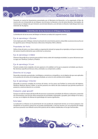 Conoce tu libro
Tomando en cuenta los lineamientos presentados por el Ministerio de Educación, se ha organizado el libro de
noveno año con el desarrollo de seis bloques: tres de textos no literarios y tres de textos literarios, intercalados, de
manera que se trabajen dos por trimestre: uno de texto literario y uno de texto no literario. Cada bloque tiene una
extensión de 36 páginas.


                      La distribución de las lecciones en el bloque no literario
La distribución de las lecciones del bloque no literario se realiza de la siguiente manera:

Eje de aprendizaje 1–Escuchar
Se la emplea para abrir el bloque, motivar la activación de conocimientos previos y desarrollar un proceso de escucha con
los siguientes pasos: Anticipar, Reconocer, Seleccionar, Interpretar, Inferir y Retener.

Propiedades del texto
Define el tipo de texto y sus clases; analiza su organización textual con apoyo de un ejemplo, en el que se reconocen
de manera visual los elementos que conforman su estructura.

Eje de aprendizaje 2–Hablar
Orienta el desarrollo de un proceso para producir textos orales de la tipología estudiada. Los pasos del proceso que
se sigue son: Planificar, Conducir y Producir.


Eje de aprendizaje 3–Leer
Presenta variados textos originales, tal como aparecen en la realidad, con los que se proponen actividades que desarro-
llan destrezas específicas de lectura crítica, orientadas a su comprensión y análisis.




                                                                                                                            Prohibida la reproducción total o parcial por cualquier medio sin permiso escrito de la Editorial.
Elementos de la Lengua
Desarrolla contenidos gramaticales, morfológicos, semánticos y ortográficos, con el objetivo de que sean aplicados
en la producción de textos de la tipología estudiada; así como en otros ámbitos de la realidad.

Eje de aprendizaje 4–Escribir
Desarrolla un proceso completo de escritura de textos, con los pasos que facilitan la consecución del objetivo:
Planificar, Redactar, Revisar y Editar. La sección presenta una rúbrica de auto-evaluación que permite examinar el
producto y orienta al alumno en su revisión.

Evaluación-¿Qué aprendí?
Aunque en todas las etapas del desarrollo de procesos se presentan actividades de refuerzo, evaluación y extensión
de conocimientos, esta sección ofrece propuestas de actividades individuales y grupales, para trabajar en la clase y
en casa, con el objetivo de afianzar los aprendizajes de manera significativa.

Ruta Saber
La evaluación se refuerza con la presentación de una prueba de comprensión lectora; así se busca preparar a los
estudiantes en la práctica exitosa de una prueba estandarizada. La lección termina con una propuesta de trabajo
que busca provocar una reflexión acerca de la práctica de los valores establecidos en los ejes transversales.




                      8
 