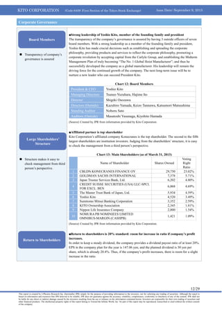 KITO CORPORATION (Code 6409: First Section of the Tokyo Stock Exchange) Issue Date: September 9, 2013
12/29
This report is created by J-Phoenix Research Inc. (hereinafter JPR) simply for the purpose of providing information to the investors, not for soliciting any trading of securities. Although the report is
based on information and resources that JPR believed to be reliable, JPR does not guarantee against the accuracy, reliability, completeness, conformity or timeliness of any of the content. JPR shall not
be liable for any direct or indirect damage caused by the investors resulting from the use or reliance on the information contained herein. Investors are responsible for their own trading of securities and
other financial products. The intellectual property rights of this report belong to Toward the Infinite World, Inc. No part of this report may be reproduced, transcribed or cited without the written consent
of the company.
 Transparency of company’s
governance is assured
 Structure makes it easy to
check management from third
person’s perspective.
■Strong leadership of Yoshio Kito, member of the founding family and president
The transparency of the company’s governance is assured by having 3 outside officers of seven
board members. With a strong leadership as a member of the founding family and president,
Yoshio Kito has made crucial decisions such as establishing and spreading the corporate
philosophy, providing products and services to reflect the corporate philosophy, promoting a
corporate revolution by accepting capital from the Carlyle Group, and establishing the Midterm
Management Plan of truly becoming “The No. 1 Global Hoist Manufacturer”; and thus he
successfully developed the company as a global manufacturer. His leadership will remain the
driving force for the continued growth of the company. The next long-term issue will be to
nurture a new leader who can succeed President Kito.
Chart 12: Board Members
President & CEO Yoshio Kito
Managing Directors Tsuneo Yuzuhara, Hajime Ito
Director Shigeki Osozawa
Directors (Outside) Kazuhiro Yamada, Keizo Tannawa, Katsumori Matsushima
Standing Auditor Noboru Sato
Auditors (Outside) Masatoshi Yasunaga, Kiyohito Hamada
(Source) Created by JPR from information provided by Kito Corporation.
■Affiliated partner is top shareholder
Kito Corporation’s affiliated company Konecranes is the top shareholder. The second to the fifth
largest shareholders are institution investors. Judging from the shareholders’ structure, it is easy
to check the management from a third person’s perspective.
Chart 13: Main Shareholders (as of March 31, 2013)
Name of Shareholder Shares Owned
Voting
Right
Ratio
1 CBLDN KONECRANES FINANCE OY 29,750 23.02%
2 GOLDMAN SACHS INTERNATIONAL 7,378 5.71%
3 Japan Trustee Services Bank, Ltd. 6,202 4.80%
4
CREDIT SUISSE SECURITIES (USA) LLC-SPCI.
FOR EXCL. BEN
6,068 4.69%
5 The Master Trust Bank of Japan, Ltd. 5,934 4.59%
6 Yoshio Kito 4,520 3.49%
7 Sumitomo Mitsui Banking Corporation 3,352 2.59%
8 KITO Ownership Association 2,345 1.81%
9 Nippon Life Insurance Company 2,000 1.54%
10
NOMURA PB NOMINIEES LIMITED
OMNIBUS-MARGIN (CASHPB)
1,421 1.09%
(Source) Created by JPR from information provided by Kito Corporation.
■Return to shareholders is 20% standard: room for increase in ratio if company’s profit
increases.
In order to keep a steady dividend, the company provides a dividend payout ratio of at least 20%.
EPS in the company plan for the year is 147.06 yen; and the planned dividend is 30 yen per
share, which is already 20.4%. Thus, if the company’s profit increases, there is room for a slight
increase in the ratio.
Corporate Governance
Board Members
Large Shareholders’
Structure
Return to Shareholders
 