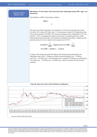 KITO CORPORATION (Code 6409: First Section of the Tokyo Stock Exchange) Issue Date: September 9, 2013
23/29
This report is created by J-Phoenix Research Inc. (hereinafter JPR) simply for the purpose of providing information to the investors, not for soliciting any trading of securities. Although the report is
based on information and resources that JPR believed to be reliable, JPR does not guarantee against the accuracy, reliability, completeness, conformity or timeliness of any of the content. JPR shall not
be liable for any direct or indirect damage caused by the investors resulting from the use or reliance on the information contained herein. Investors are responsible for their own trading of securities and
other financial products. The intellectual property rights of this report belong to Toward the Infinite World, Inc. No part of this report may be reproduced, transcribed or cited without the written consent
of the company.
■Breakdown of total market value from theoretical relationship among PER, equity cost
and growth
The breakdown of PER is theoretically as follows:
The equity cost of Kito Corporation was estimated as 6.72% based on the share price returns
from June, 2011 to May, 2013 (beta value: 1.16, risk premium: around 5%). Putting these values
into the above formula, if the PER is 10.0 times the closing price base of September 9, 2013, the
growth is -3.58%. Considering the company’s past increase in operating profit ratio and the
future profit growth potential due to the continuous operating leverage effect, a negative growth
potential seems to be a low evaluation with an equity cost of 6.72%.
In theory, if the end-of-year profit of the March, 2014 period continues permanently, the
shareholder value will be “1.9 billion yen (End-of-year profit)/Equity Cost = 1.9 billion
yen/6.72% = 28.2 billion yen”. The total market price is currently 19.8 billion yen, and therefore,
“28.2 billion yen – 19.8 billion yen = 8.4 billion yen”, which is more than 30% lower than it
should be.
Chart 28: Share Price Chart of Past 100 Share Trading Days
(Source) Created by JPR from FactSet.
Analysis of Total
Market Value
PER＝
１
Equity Cost − Growth
Growth＝
１
PER
− Equity Cost＝6.72％ −
１
10.0
＝6.72％ − 10.0%＝ − 3.28. %
800
1,000
1,200
1,400
1,600
1,800
2,000
130909
130905
130903
130830
130828
130826
130822
130820
130816
130814
130812
130808
130806
130802
130731
130729
130725
130723
130719
130717
130712
130710
130708
130704
130702
130628
130626
130624
130620
130618
130614
130612
130610
130606
130604
130531
130529
130527
130523
130521
130517
130515
130513
130509
130507
130501
130426
130424
130422
130418
円
2013/5/13
2013/5/9
2013/5/7
2013/5/1
2013/4/26
2013/4/24
2013/4/22
2013/4/18
2013/4/16
2013/4/12
2013/4/10
2013/4/8
2013/4/4
2013/4/2
2013/3/29
2013/3/27
2013/3/25
2013/3/21
2013/3/18
2013/3/14
2013/3/12
2013/3/8
2013/3/6
2013/3/4
2013/2/28
2013/2/26
2013/2/22
2013/2/20
2013/2/18
2013/2/14
2013/2/12
75日移動平均
25日移動平均
5日移動平均
終値+25日終値標準偏差
終値-25日終値標準偏差
終値+25日終値標準偏差x2
終値-25日終値標準偏差x2
0
200
400
600
800
1,000
1,200
1,400
1,600
1,800
2,000
75 days moving average
25 days moving average
5 days moving average
Closing price + 25 days standard deviation of closing price
Closing price - 25 days standard deviation of closing price
Closing price + 25 days standard deviation of closing price×2
Closing price - 25 days standard deviation of closing price×2
 