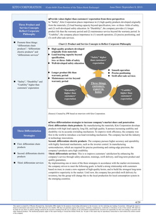 KITO CORPORATION (Code 6409: First Section of the Tokyo Stock Exchange) Issue Date: September 9, 2013
4/29
This report is created by J-Phoenix Research Inc. (hereinafter JPR) simply for the purpose of providing information to the investors, not for soliciting any trading of securities. Although the report is
based on information and resources that JPR believed to be reliable, JPR does not guarantee against the accuracy, reliability, completeness, conformity or timeliness of any of the content. JPR shall not
be liable for any direct or indirect damage caused by the investors resulting from the use or reliance on the information contained herein. Investors are responsible for their own trading of securities and
other financial products. The intellectual property rights of this report belong to Toward the Infinite World, Inc. No part of this report may be reproduced, transcribed or cited without the written consent
of the company.
 Promote three things:
“differentiate chain
products”, “differentiate
electric products” and
“differentiate services”
 “Safety”, “Durability” and
“Usability” higher than
customers’ expectation
 First: differentiate chain
products
 Second: differentiate electric
products
 Third: differentiate services
■Provide values higher than customers’ expectation from three perspectives
In “Safety”, Kito Corporation places importance in (1) high quality products developed originally
from the materials, (2) load bearing capacity beyond specification, two- or three- folds of safety,
and (3) well-developed safety education. In “Durability”, the company provides (1) longer
product life than the warranty period and (2) maintenance service beyond the warranty period. In
“Usability”, the company places importance in (1) smooth operation, (2) precise positioning, and
(3) swift after-sale services.
Chart 2: Product and Service Concepts to Reflect Corporate Philosophy
(Source) Created by JPR based on interview with Kito Corporation.
■Three differentiation strategies to increase company’s market share and penetration
First: differentiate chain products: By manufacturing the materials, Kito Corporation develops
products with high load capacity, long life, and high quality. It pursues increasing usability and
durability via its accurate rewinding mechanism. To improve work efficiency, the company was
first in the world to introduce a no-load rewinding mechanism. The company has led the industry
in technology innovations.
Second: differentiate electric products: The company pursues higher accuracy and operability
with highly functional mechanisms, such as the inverter control. In manufacturing
semiconductors, which are required for precise positioning and cutting-edge precision, the
company’s products carry high credibility.
Third: differentiate services: This is to improve customers’ satisfaction by enhancing the
company’s service through safety education, trainings, swift delivery, and long-term product and
quality guarantees.
By implementing one or more of the three strategies in accordance with the market environment,
the company strives to meet the following goals: to build a strong relationship with customers
based on trust, to create a new segment of high-quality hoists, and to build the strongest long-term
competitive superiority in the market. Until now, the company has provided swift delivery by
inventory, but the group will change this to the local production for local consumption system in
the emerging countries.
 High quality products developed
originally from materials
 Load bearing capacity beyond
specification,
two- or three- folds of safety
 Well-developed safety education
Three things
customers
expect in
hoists
“Durability”
higher than
customers’
expectation
“Safety” higher
than customers’
expectation
“Usability”
higher than
customers’
expectation
 Smooth operation
 Precise positioning
 Swift after-sale services
 Longer product life than
warranty period
 Maintenance service beyond
warranty period
Three Product and
Service Concepts
Reflect Corporate
Philosophy
Three Differentiation
Strategies
 