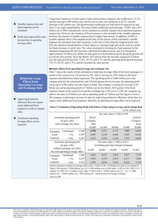 KITO CORPORATION (Code 6409: First Section of the Tokyo Stock Exchange) Issue Date: September 9, 2013
8/29
This report is created by J-Phoenix Research Inc. (hereinafter JPR) simply for the purpose of providing information to the investors, not for soliciting any trading of securities. Although the report is
based on information and resources that JPR believed to be reliable, JPR does not guarantee against the accuracy, reliability, completeness, conformity or timeliness of any of the content. JPR shall not
be liable for any direct or indirect damage caused by the investors resulting from the use or reliance on the information contained herein. Investors are responsible for their own trading of securities and
other financial products. The intellectual property rights of this report belong to Toward the Infinite World, Inc. No part of this report may be reproduced, transcribed or cited without the written consent
of the company.
 Variable expense ratio and
fixed expenses can be
estimated.
 Profit ratio improved by sales
increase due to operating
leverage effect
 Improving production
efficiency does not require
much additional fixed
expenses in order to expand
sales
 Continuous operating
leverage effects can be
expected.
Using linear regression on both types of sales administrative expenses, the coefficient is 13.2%,
and the intercept is 990 million yen; and for cost of sales, the coefficient is 62.7%, and the
intercept is 507 million yen. The determination coefficients are 0.64 and 0.95 respectively and
show a very high interpretability. The total of both coefficients and intercepts, 75.96% and 1,497
million yen (5,998 if annualized), can be estimated as variable expense ratios and fixed expenses
respectively. However, the variation of fixed expenses is also included in the variable expenses,
therefore the amount of variable expenses here is higher than normal. In addition, 24.04% (1 –
variable expense ratio) is the marginal profit ratio. In the process of this calculation, variable
expenses are estimated more than necessary, so the rate is lower than the marginal profit ratio.
Still, the statistical interpretability of these figures is extremely high and can be used as a guide
for future increases in profit ratio. The value calculated by dividing the fixed expenses by the
estimated marginal profit ratio becomes a theoretical breakeven point, and it is estimated at
approximately 25 billion yen. When net sales goes over the breakeven point, the profit growth will
exceed the sales growth. Since the March, 2011 period when the net sales surpassed 25 billion
yen, the sales growth has been 17.4%, 18.5%, and 6.7%; and the operating profit growth has been
156.1%, 48.2%, and 51.4%, and far exceeded the sales growth.
■Double effects from operating leverage and exchange rate
Chart 7 shows the results of trial calculation of operating leverage effect if the fixed exchanges (1)
remain at the current level, (2) increase by 5%, and (3) increase by 10%, based on the fixed
expenses calculated from linear regression. The operating profit is 3,600 million yen in the
company plan for the current period, and if fixed expenses do not increase, the operating profit
can go up to 4,796 million yen (the figure in bold). The company is aiming for net sales of 58
billion yen and an operating profit of 7 billion yen for the March, 2016 period. If the fixed
expenses remain at the current level and the exchange rate is 90 yen to 1 USD, the company can
achieve net sales of 55 billion yen and an operating profit of 7 billion yen (the figure in italics).
The company is planning to increase its sales by improving production efficiency which does not
require much additional fixed expenses; therefore, an operating leverage effect can be expected.
Chart 7: Estimation of Operating Profit with Effects of Operating Leverage and Exchange Rate
(Unit: million yen)
Estimated operating profit
(in gray cells)
with exchange rate effect
Net sales when 1 USD is ¥ 90
2014/3
Company
Plan
2016/03
Company
Goal
42,000 45,000 50,000 55,000 58,000
Estimated
Fixed
Expenses
Unchanged 5,988 4,796 5,517 6,719 7,921 8,642
+ 5% 6,287 4,497 5,218 6,420 7,622 8,343
+ 10% 6,587 4,197 4,918 6,120 7,322 8,044
Estimated operating profit
(in gray cells)
without exchange rate effect
but with operating leverage effect
Net sales when 1 USD is ¥ 83.1
(excluding gain from foreign exchange)
41,095 44,095 49,095 54,095 57,095
Estimated
Fixed
Expenses
Unchanged 5,988 3,891 4,613 5,815 7,017 7,738
+ 5% 6,287 3,592 4,313 5,515 6,717 7,438
+ 10% 6,587 3,293 4,014 5,216 6,418 7,139
(Note) Calculation method of leverage effect when 1 USD is ¥ 90: (1) Planned net sales in US market for
March, 2014 period: 11,800 million yen, (2) 11,800 million yen in USD when 1 USD is ¥ 90: USD 131.11
million, (3) USD 131.11 million in yen when 1 USD is ¥ 83.1: 10,895 million yen, (1) – (3) = 11,800
million yen – 10,895 million yen = 905 million yen = profit increase by foreign exchange
(Source) JPR
Relatively Large
Effects from
Operating Leverage
and Exchange Rate
 