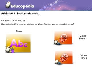 Atividade 8 –Procurando mais...
Você gosta de ler histórias?
Uma única história pode ser contada de várias formas. Vamos descobrir como?
Texto
Vídeo
Parte 1
Vídeo
Parte 2
 