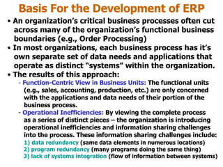 Basis For the Development of ERP An organization’s critical business processes often cut   across many of the organization’s functional business   boundaries (e.g., Order Processing) In most organizations, each business process has it’s   own separate set of data needs and applications that   operate as distinct “systems” within the organization. The results of this approach: Function-Centric View in Business Units:  The functional units   (e.g., sales, accounting, production, etc.) are only concerned   with the applications and data needs of their portion of the   business process. Operational Inefficiencies:  By viewing the complete process   as a series of distinct pieces – the organization is introducing   operational inefficiencies and information sharing challenges   into the process. These information sharing challenges include:   1) data redundancy  (same data elements in numerous locations)   2) program redundancy  (many programs doing the same thing)   3) lack of systems integration  (flow of information between systems) 