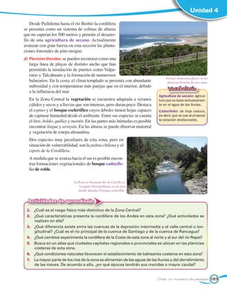 Unidad 4

   Desde Pichilemu hasta el río Biobío la cordillera
se presenta como un sistema de colinas de alturas
que no superan los 500 metros y permite el desarro-
llo de una agricultura de secano. Actualmente
avanzan con gran fuerza en esta sección las planta-
ciones forestales de pino insigne.
d)	 Planicies litorales: se pueden reconocer como una
   larga línea de playas de distinto ancho que han
   permitido la instalación de puertos como Valpa-
   raíso y Talcahuano y la formación de numerosos
                                                                                 Existen numerosas playas en las
   balnearios. En la costa, el clima templado se presenta con abundante           planicies litorales de esta zona.
   nubosidad y con temperaturas más parejas que en el interior, debido
   a la influencia del mar.
                                                                                   Vocabulario
                                                                             Agricultura de secano: agricul-
   En la Zona Central la vegetación se encuentra adaptada a veranos          tura que se basa exclusivamen-
   cálidos y secos y a lluvias que son intensas, pero duran poco. Destaca    te en el agua de las lluvias.
   el espino y el bosque esclerófico cuyos árboles tienen hojas capaces      Caducifolio: de hoja caduca,
   de capturar humedad desde el ambiente. Entre sus especies se cuenta       es decir, que se cae al empezar
   el litre, boldo, quillay y maitén. En las partes más húmedas es posible   la estación desfavorable.
   encontrar lingue y arrayán. En las alturas se puede observar matorral
   y vegetación de estepa altoandina.
   Dos especies muy peculiares de esta zona, pero en
   situación de vulnerabilidad, son la palma chilena y el
   ciprés de la Cordillera.
   A medida que se avanza hacia el sur es posible encon-
   trar formaciones vegetacionales de bosque caducifo-
   lio de roble.

                             La Reserva Nacional del río Clarillo en
                                 la región Metropolitana, es un área
                                donde abunda el bosque esclerófilo.


  Actividades de aprendizaje
 1.	 ¿Cuál es el rasgo físico más distintivo de la Zona Central?
 2.	 ¿Qué características presenta la cordillera de los Andes en esta zona? ¿Qué actividades se
     realizan en ella?
 3.	 ¿Qué diferencia existe entre las cuencas de la depresión intermedia y el valle central o lon-
     gitudinal? ¿Cuál es el río principal de la cuenca de Santiago y de la cuenca de Rancagua?
 4.	 ¿Qué cambios experimenta la cordillera de la Costa de esta zona al norte y al sur del río Rapel?
 5.	 Busca en un atlas qué ciudades capitales regionales o provinciales se ubican en las planicies
     costeras de esta zona.
 6.	 ¿Qué condiciones naturales favorecen el establecimiento de balnearios costeros en esta zona?
 7.	 La mayor parte de los ríos de la zona se alimentan de las aguas de las lluvias y del derretimiento
     de las nieves. De acuerdo a ello, ¿en qué épocas tendrán sus crecidas o mayor caudal?


                                                                             Chile, un mosaico de paisajes            103
 