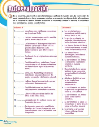 Autoevaluación
     1 	 En la columna A se describen características geográficas de nuestro país. La explicación de
         cada característica, es decir, su causa o motivo, se encuentra en alguna de las afirmaciones
         de la columna B. En cada línea de puntos de la columna A, escribe la letra de la columna B
         que corresponda a cada característica.

          Columna A                                                 Columna B
          1. ………… 	Los climas más cálidos se encuentran             a.	 Las precipitaciones
                   en el norte de Chile.                                aumentan a medida que se
                                                                        avanza hacia el sur.
          2. ………… 	Los ríos aumentan su caudal a medida             b.	 La acción erosiva de los
                   que se avanza hacia el sur.                          hielos ha sido más intensa
                                                                        en las latitudes más altas.
          3. ………… 	Las diferencias de temperaturas entre
                   el norte y el sur de Chile no son tan            c.	 Las únicas lluvias del Norte
                   grandes como deberían serlo                          Grande son las que ocurren
                   considerando la gran diferencia de                   en el “invierno altiplánico”.
                   latitud.                                         d.	 Las temperaturas
                                                                        disminuyen a medida que
          4. ………… 	En el norte las precipitaciones son muy              aumenta la latitud.
                   escasas.
                                                                    e.	 La cordillera de los Andes
          5. ………… 	En el Norte Chico y en la Zona Central               se encuentra en el sector
                   la cordillera de los Andes actúa como                oriental de nuestro
                   un reservorio de aguas al acumular                   territorio.
                   nieve.                                           f.	 Durante todo el año o gran
                                                                        parte de él, se encuentra
          6. ………… 	En la Zona Austral hay diferencias                   presente el Anticiclón del
                   notorias en las precipitaciones del                  Pacífico.
                   sector occidental y del sector oriental.
                                                                    g.	 A lo largo de Chile el mar
          7. ………… 	La Zona Austral se caracteriza por un                actúa en el clima
                   relieve muy desmembrado.                             moderando las
                                                                        temperaturas.
          8. ………… 	En el Norte Grande las planicies                 h.	 La cordillera de los Andes
                   litorales tienen un escaso desarrollo.               se presenta con gran altitud
                                                                        hasta la Zona Central.
          9. ………… 	La dirección general de los ríos de              i.	 La cordillera de los Andes
                   Chile es de este a oeste.                            actúa como biombo
                                                                        climático.
          10. …………	 a vegetación del norte es escasa por
                  L
                  la escasez de agua.                               j.	 La cordillera de la Costa se
                                                                        presenta en el Norte Grande
          11. …………	 e denomina quebradas en el Norte
                  S                                                     como un farellón costero.
                  Grande a los cursos de agua que son               k.	 En el norte se presentan
                  intermitentes o solo se activan en una                climas áridos y climas
                  temporada.                                            semiáridos.



114 Unidad 4
 