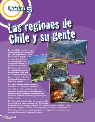Unidad
                               5

    L as regi  ones de
    Ch  i le y su gente
    En las unidades anteriores apren-
    diste sobre la forma y posición del
    país y su geografía física, reco-
    nociendo las principales
    características de cinco
    regiones naturales, cuya
                                                                                                      Minería
    diversidad hacen de Chi-
    le un mosaico de paisajes.
    Pero ya sabes que los paí-
    ses no son únicamente sus
    montañas, ríos, valles, islas,
    etc., sino principalmente su
    gente y la forma en que han
    configurado una nación a lo                de la uva
                                       Cosecha
    largo de la historia.
    En las relaciones entre la sociedad y la
    naturaleza se va modelando una identi-
    dad en la que climas, relieves, aguas y
    suelos aportan sus recursos para que hombres
    y mujeres trabajen sus campos, levanten ciudades,
    economías e industrias que van legando a las gene-
    raciones futuras.
    En esta unidad, en primer lugar, reconoceremos las                                  Actividad industrial
    características de los recursos naturales del país y las
    formas en que se explotan y producen para sustentar nuestra economía. Luego
    viajaremos imaginariamente de norte a sur del país para conocer ciertos rasgos de
    la presencia humana en las distintas regiones, en una primera aproximación para
    reconocer la identidad de quienes las habitan.

116 Unidad 5
 