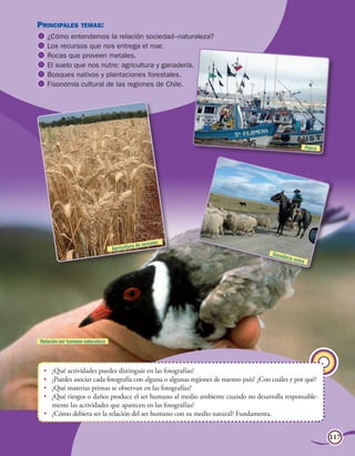 Unidad 5
Principales temas:
  	¿Cómo entendemos la relación sociedad–naturaleza?
  	Los recursos que nos entrega el mar.
  	Rocas que proveen metales.
  	El suelo que nos nutre: agricultura y ganadería.
  	Bosques nativos y plantaciones forestales.
  	Fisonomía cultural de las regiones de Chile.




                                                                                                         Pesca




                                                         s
                                               de cereale
                                 Agricultura
                                                                                       Ganad
                                                                                            ería o
                                                                                                  vina




Relación ser humano-naturaleza




 •	 ¿Qué actividades puedes distinguir en las fotografías?
 •	 ¿Puedes asociar cada fotografía con alguna o algunas regiones de nuestro país? ¿Con cuáles y por qué?
 •	 ¿Qué materias primas se observan en las fotografías?
 •	 ¿Qué riesgos o daños produce el ser humano al medio ambiente cuando no desarrolla responsable-
    mente las actividades que aparecen en las fotografías?
 •	 ¿Cómo debiera ser la relación del ser humano con su medio natural? Fundamenta.


                                                                          Las regiones de Chile y su gente       117
 