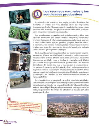 Los recursos naturales y las
                                                 1          actividades productivas

                                               La naturaleza en su sentido más amplio –el cielo, los mares, las
                                            montañas, los vientos– nos rodea de modo tal que casi no podemos
                                            desprendernos de ella. El entorno natural, cuando lo observamos en sus
                                            versiones más silvestres, nos produce fuertes sensaciones y muchas
                                            veces nos conmovemos ante sus maravillas.
                                                Los seres humanos no podríamos vivir sin la naturaleza. Gran parte
                                            de lo que necesitamos para comer, vestirnos, abrigarnos y sustentarnos
                                            proviene, finalmente, de ella. La naturaleza es nuestra fuente de recursos.
                                            A través de la actividad agrícola, ganadera, pesquera, forestal o minera,
                                            la naturaleza se nos presenta como una gran despensa de la cual extraemos
                                            productos en forma directa (como las frutas o las hortalizas) o indirecta
                                            (como la harina que se produce con trigo).
                                               En la medida que las sociedades se han ido transformando progresi-
                                            vamente en urbanas, su relación con la naturaleza ha ido cambiando,
                                            haciéndose más distante. Quienes viven en las ciudades ya no realizan
                                            directamente actividades como la siembra, la pesca, el corte de árboles
                                            para obtener madera para sus viviendas, pero se hacen cada vez más
                                            dependientes del mundo rural o de la industria para la obtención de re-
                                            cursos naturales y productos derivados de ellos. Los habitantes urbanos
                                            no podrían subsistir si los campos ubicados a muchos kilómetros de sus
                                            casas no produjeran los alimentos que necesitan. Casi todos necesitamos,
                                            por ejemplo, a los “hombres del mar” si queremos cocinar o comer un
                                            rico pescado frito.
                                               La obtención de recursos naturales se realiza a través de actividades,
                                            cada una de las cuales requiere de hombres y mujeres que se especializan
                                            en sus tareas y, al hacerlo, van generando modos de vida que identifican
                                            a ciertas zonas del país. Los pescadores artesanales, las temporeras de las
                                            frutas, los pirquineros del cobre o los labradores de maderas de Chiloé
                                            son algunos de ellos.




      ¿Qué relación exist
                             e entre las ciudade
   mundo rural en cu                             s y el
                      anto a la obtenció
    Identif ica las ac tiv                 n de recursos?
                           idades que aparec
                                              en en las
                         imágenes.




120 Unidad 5
 