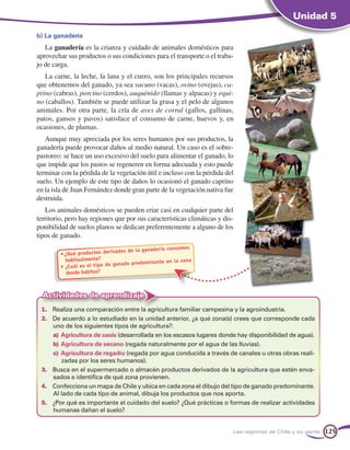 Unidad 5
b) La ganadería
   La ganadería es la crianza y cuidado de animales domésticos para
aprovechar sus productos o sus condiciones para el transporte o el traba-
jo de carga.
   La carne, la leche, la lana y el cuero, son los principales recursos
que obtenemos del ganado, ya sea vacuno (vacas), ovino (ovejas), ca-
prino (cabras), porcino (cerdos), auquénido (llamas y alpacas) y equi-
no (caballos). También se puede utilizar la grasa y el pelo de algunos
animales. Por otra parte, la cría de aves de corral (gallos, gallinas,
patos, gansos y pavos) satisface el consumo de carne, huevos y, en
ocasiones, de plumas.
   Aunque muy apreciada por los seres humanos por sus productos, la
ganadería puede provocar daños al medio natural. Un caso es el sobre-
pastoreo: se hace un uso excesivo del suelo para alimentar el ganado, lo
que impide que los pastos se regeneren en forma adecuada y esto puede
terminar con la pérdida de la vegetación útil e incluso con la pérdida del
suelo. Un ejemplo de este tipo de daños lo ocasionó el ganado caprino
en la isla de Juan Fernández donde gran parte de la vegetación nativa fue
destruida.
   Los animales domésticos se pueden criar casi en cualquier parte del
territorio, pero hay regiones que por sus características climáticas y dis-
ponibilidad de suelos planos se dedican preferentemente a alguno de los
tipos de ganado.
                                                          sumes
                                  dos de la ganadería con
         •	¿Qué productos der iva
           habitualmente?                             en la zona
                               ganado predominante
         •	¿Cuál es el tipo de
            donde habitas?



  Actividades de aprendizaje
 1.	 Realiza una comparación entre la agricultura familiar campesina y la agroindustria.
 2.	 De acuerdo a lo estudiado en la unidad anterior, ¿a qué zona(s) crees que corresponde cada
     uno de los siguientes tipos de agricultura?:
     a)	 Agricultura de oasis (desarrollada en los escasos lugares donde hay disponibilidad de agua).
     b)	Agricultura de secano (regada naturalmente por el agua de las lluvias).
     c)	 Agricultura de regadío (regada por agua conducida a través de canales u otras obras reali-
         zadas por los seres humanos).
 3.	 Busca en el supermercado o almacén productos derivados de la agricultura que estén enva-
     sados e identifica de qué zona provienen.
 4.	 Confecciona un mapa de Chile y ubica en cada zona el dibujo del tipo de ganado predominante.
     Al lado de cada tipo de animal, dibuja los productos que nos aporta.
 5.	 ¿Por qué es importante el cuidado del suelo? ¿Qué prácticas o formas de realizar actividades
     humanas dañan el suelo?


                                                                          Las regiones de Chile y su gente   125
 