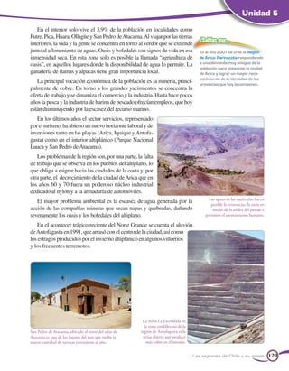 Unidad 5

   En el interior solo vive el 3,9% de la población en localidades como
Putre, Pica, Huara, Ollagüe y San Pedro de Atacama. Al viajar por las tierras
                                                                                         ¿Sabías que…
interiores, la vida y la gente se concentra en torno al verdor que se extiende
junto al afloramiento de aguas. Oasis y bofedales son signos de vida en esa              En el año 2007 se creó la Región
inmensidad seca. En esta zona solo es posible la llamada “agricultura de                 de Arica- Parinacota respondiendo
oasis”, en aquellos lugares donde la disponibilidad de agua lo permite. La               a una demanda muy antigua de la
                                                                                         población para potenciar la ciudad
ganadería de llamas y alpacas tiene gran importancia local.                              de Arica y lograr un mayor reco-
                                                                                         nocimiento de la identidad de las
   La principal vocación económica de la población es la minería, princi-                provincias que hoy la componen.
palmente de cobre. En torno a los grandes yacimientos se concentra la
oferta de trabajo y se dinamiza el comercio y la industria. Hasta hace pocos
años la pesca y la industria de harina de pescado ofrecían empleos, que hoy
están disminuyendo por la escasez del recurso marino.
   En los últimos años el sector servicios, representado
por el turismo, ha abierto un nuevo horizonte laboral y de
inversiones tanto en las playas (Arica, Iquique y Antofa-
gasta) como en el interior altiplánico (Parque Nacional
Lauca y San Pedro de Atacama).
   Los problemas de la región son, por una parte, la falta
de trabajo que se observa en los pueblos del altiplano, lo
que obliga a migrar hacia las ciudades de la costa y, por
otra parte, el decrecimiento de la ciudad de Arica que en
los años 60 y 70 fuera un poderoso núcleo industrial
dedicado al nylon y a la armaduría de automóviles.
                                                                                              Las aguas de las quebradas hacen
   El mayor problema ambiental es la escasez de agua generada por la                           posible la existencias de oasis en
acción de las compañías mineras que secan napas y quebradas, dañando                            medio de la aridez del paisaje y
severamente los oasis y los bofedales del altiplano.                                        permiten el asentamiento humano.

   En el acontecer trágico reciente del Norte Grande se cuenta el aluvión
de Antofagasta en 1991, que arrasó con el centro de la ciudad, así como
los estragos producidos por el invierno altiplánico en algunos villorrios
y los frecuentes terremotos.




                                                        La mina La Escondida en
                                                         la zona cordillerana de la
San Pedro de Atacama, ubicado al norte del salar de    región de Antofagasta es la
Atacama es uno de los lugares del país que recibe la    mina abierta que produce
mayor cantidad de turistas extranjeros al año.            más cobre en el mundo.


                                                                                      Las regiones de Chile y su gente              129
 