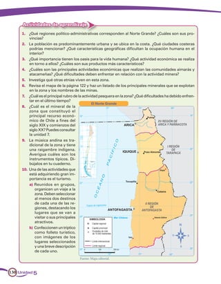 Actividades de aprendizaje
     1.	 ¿Qué regiones político-administrativas corresponden al Norte Grande? ¿Cuáles son sus pro-
          vincias?
     2.	 La población es predominantemente urbana y se ubica en la costa. ¿Qué ciudades costeras
          podrías mencionar? ¿Qué características geográficas dificultan la ocupación humana en el
          interior?
     3.	 ¿Qué importancia tienen los oasis para la vida humana? ¿Qué actividad económica se realiza
          en torno a ellos? ¿Cuáles son sus productos más característicos?
     4.	 ¿Cuáles son las principales actividades económicas que realizan las comunidades aimarás y
          atacameñas? ¿Qué dificultades deben enfrentar en relación con la actividad minera?
     5.	 Investiga qué otras etnias viven en esta zona.
     6.	 Revisa el mapa de la página 122 y haz un listado de los principales minerales que se explotan
          en la zona y los nombres de las minas.
     7.	 ¿Cuál es el principal rubro de la actividad pesquera en la zona? ¿Qué dificultades ha debido enfren-
          tar en el último tiempo?
                                                 El Norte Grande
     8.	 ¿Cuál es el mineral de la
          zona que constituyó el
          principal recurso econó-
          mico de Chile a fines del
          siglo XIX y comienzos del
          siglo XX? Puedes consultar
          la unidad 7.
     9.	 La música andina es tra-
          dicional de la zona y tiene
          una raigambre indígena.
          Averigua cuáles son los
          instrumentos típicos. Di-
          bújalos en tu cuaderno.
     10.	 Una de las actividades que
          está adquiriendo gran im-
          portancia es el turismo.
          a)	Reunidos en grupos,
              organicen un viaje a la
              zona. Deben seleccionar
              al menos dos destinos
              de cada una de las re-
              giones, destacando los
              lugares que se van a
              visitar o sus principales
              atractivos.
          b)	Confeccionen un tríptico
              como folleto turístico,
              con imágenes de los
              lugares seleccionados
              y una breve descripción
              de cada uno.
                                       Fuente: Mapa editorial.



130 Unidad 5
 