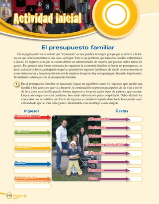 Actividad inicial

                          El presupuesto familiar
       En la página anterior se señaló que “economía” es una palabra de origen griego que se refiere a la for-
    ma en que debe administrarse una casa, un hogar. Este es un problema que todas las familias enfrentamos
    a diario; los ingresos con que se cuenta deben ser administrados de manera que puedan cubrir todos los
    gastos. En general, una forma ordenada de organizar la economía familiar es hacer un presupuesto, es
    decir, calcular en forma anticipada en qué se gastarán los ingresos familiares, de modo de no consumir en
    cosas innecesarias y luego encontrarse con la sorpresa de que no hay con qué pagar otras más importantes.
    Te invitamos a trabajar con el presupuesto familiar.

     1 	 En el presupuesto familiar es necesario lograr un equilibrio entre los ingresos que recibe una
         familia y los gastos en que va a incurrir. A continuación se presentan algunos de las vías a través
         de las cuales una familia puede obtener ingresos y los principales tipos de gasto en que incurre.
         Copia este esquema en tu cuaderno, buscando información para completarlo. Debes definir los
         conceptos que se señalan en el ítem de ingresos y completar la parte derecha de tu esquema espe-
         cificando de qué se trata cada gasto o ilustrándolo con un dibujo o una imagen.

            Ingresos                                                                   Gastos
     Remuneraciones
                                                                  Alimentación

                                                                  Vestimenta
     Pensiones
                                                                  Vivienda

                                                                  Luz, agua, combustible
     Montepíos
                                                                  Educación


     Rentas                                                       Salud

                                                                  Descanso

     Ganancias por                                                Otros
     inversiones o ahorro



150 Unidad 6
 
