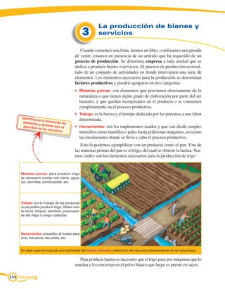La producción de bienes y
                                               3       servicios

                                            Cuando comemos una fruta, leemos un libro, o utilizamos una prenda
                                         de vestir, estamos en presencia de un artículo que ha requerido de un
                                         proceso de producción. Se denomina empresa a toda unidad que se
                                         dedica a producir bienes o servicios. El proceso de producción es resul-
                                         tado de un conjunto de actividades en donde intervienen una serie de
                                         elementos. Los elementos necesarios para la producción se denominan
                                         factores productivos y pueden agruparse en tres categorías:
                                         •	 Materias primas: son elementos que provienen directamente de la
                                           naturaleza o que tienen algún grado de elaboración por parte del ser
                                           humano, y que quedan incorporados en el producto o se consumen
                                           completamente en el proceso productivo.
                                         •	 Trabajo: es la fuerza y el tiempo dedicado por las personas a una labor
     Identifica                            determinada.
                en la ilust
      elementos             ración los
                 y acciones
      describen               qu
                 en los recu e se        •	 Herramientas: son los implementos usados y que van desde simples
                              adros.
                                           utensilios como martillos o palas hasta poderosas máquinas, así como
                                           las instalaciones donde se lleva a cabo el proceso productivo.
                                            Esto lo podemos ejemplificar con un producto como el pan. Una de
                                         las materias primas del pan es el trigo, del cual se obtiene la harina. Vea-
                                         mos cuáles son los elementos necesarios para la producción de trigo.


    Materias primas: para producir trigo
    es necesario contar con tierra, agua,
    sol, semillas, combustible, etc.




    Trabajo: sin el trabajo de las personas
    no se podría producir trigo. Deben arar
    la tierra, limpiar, sembrar, preocupar-
    se del riego y luego cosechar.




    Herramientas: el azadón, el tractor para
    arar, los sacos, las palas, etc.


    En este caso se trata de una actividad del sector primario: obtención de recursos directamente de la naturaleza.

                                           Para producir harina es necesario que el trigo pase por máquinas que lo
                                         muelan y lo conviertan en el polvo blanco que luego es puesto en sacos.

154 Unidad 6
 