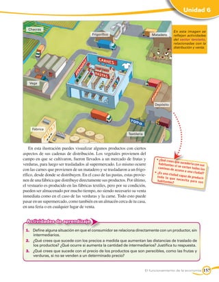 Unidad 6


   Chacras
                                                                                                 En esta imagen se
                                          Frigorífico                            Matadero        reflejan actividades
                                                                                                 del sector terciario,
                                                                                                 relacionadas con la
                                                                                                 distribución y venta.




   Vega




                                                                                  Depósito




     Fábrica
                                                                Textilería



    En esta ilustración puedes visualizar algunos productos con ciertos
aspectos de sus cadenas de distribución. Los vegetales provienen del
campo en que se cultivaron, fueron llevados a un mercado de frutas y               • ¿Qué cre
                                                                                              es que suce
verduras, para luego ser trasladados al supermercado. Lo mismo ocurre                 habitante             derí
                                                                                                s si se cort a con sus
                                                                                     caminos d               an todos lo
con las carnes que provienen de un matadero y se trasladaron a un frigo-                        e acceso a
                                                                                                             una ciuda
                                                                                                                         s
                                                                                  • 	 Es una
                                                                                    ¿                                  d?
rífico, desde donde se distribuyen. En el caso de las pastas, estas provie-                  ciudad cap
                                                                                    to do lo q           a z de
                                                                                               ue ne ces it producir
nen de una fábrica que distribuye directamente sus productos. Por último,           habitante
                                                                                               s?
                                                                                                             a para su
                                                                                                                       s
el vestuario es producido en las fábricas textiles, pero por su condición,
pueden ser almacenado por mucho tiempo, no siendo necesario su venta
inmediata como en el caso de las verduras y la carne. Todo esto puede
pasar en un supermercado, como también en un almacén cerca de tu casa,
en una feria o en cualquier lugar de venta.


  Actividades de aprendizaje
 1.	 Define alguna situación en que el consumidor se relaciona directamente con un productor, sin
     intermediarios.
 2.	 ¿Qué crees que sucede con los precios a medida que aumentan las distancias de traslado de
     los productos? ¿Qué ocurre si aumenta la cantidad de intermediarios? Justifica tu respuesta.
 3.	 ¿Qué crees que sucede con el precio de los productos que son perecibles, como las frutas y
     verduras, si no se venden a un determinado precio?


                                                                             El funcionamiento de la economía           157
 