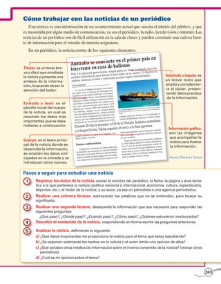 Cómo trabajar con las noticias de un periódico
    Una noticia es una información de un acontecimiento actual que suscita el interés del público, y que
es trasmitida por algún medio de comunicación, ya sea el periódico, la radio, la televisión o internet. Las
noticias de un periódico son de fácil utilización en la sala de clases y pueden constituir una valiosa fuen-
te de información para el estudio de nuestra asignatura.
   En un periódico, la noticia consta de los siguientes elementos:

                                                       en el primer país en
                              Aus tralia se convierte llenas
                                                      ba
Titular: es un texto bre-     intervenir en caza degún gobierno había traspasado antes las
                                                  nin
ve y claro que encabeza       Pese a la oposición
                                                    generalizada,                              ería. El Objetivo es
                                                                        país nipón en su cac
la noticia y presenta una     medidas diplomáti    cas para detener al         iones legales internaci
                                                                                                       onales.                                                          Subtítulo o bajada: es
                                                          os y videos para acc
síntesis de la informa-       reg istrar evidencia en fot                                                                                                               un breve texto que
ción, buscando atraer la       Paulina Sepúlveda                                                                                                                        amplía y complemen-
atención del lector.                La cacería de ballena
                                                           s iniciada en noviem
                                                                                  bre
                                                                                                                                                                        ta el titular, presen-
                                                                    investigaciones
                                             bajo el pretexto de
                               por Japón,
                                                       do indiferente a la com
                                                                                 uni-                                                                                   tando datos precisos
                               científicas, no ha deja                      s Unidos,
                                                     Países como Estado                                                                                                  de la información.
                               dad internacional.                               hicie-
                                                      Zelandia, rápidamente
                                Inglaterra y Nueva                     campaña asiá-
Entrada o lead: es el           ron pública su   molestia frente a la           1.035
                                                       durante cinco meses
                                 tica, que capturará                                  ).
párrafo inicial del cuerpo                                    6 sólo consideró 508                                                                            Viking,
                                 ball enas (la campaña 200                      nun ca                            rno australiano envia
                                                                                                                                        rá al buque Oceanic
                                                                                                                                                        extenderá por
                                                          a nac ión tras pas ó              Esta semana el gobie
                                                                                                                ave, en una misión
                                                                                                                                   de vigilancia que se
de la noticia, en cual se         Sin em bar go, nin gun                      med  idad     junto con una aeron
                                                        lomáticos y adoptó
                                  antes los canales dip                          o aus-
                                                                                            20 días.
                                                                                                                  Incluso, el 21 de dici
                                                                                                                                        emb                   re, el
                                                          nciada por el gobiern              proponía intervenir.
resumen los datos más             concretas como la anu           unirá a los barcos de                              Exteriores, Stephen
                                                                                                                                          Smith,
                                  traliano, que esta semana se                               ministro de Relaciones
                                                                                      Antártica australiana
                                                                                la flota
importantes que se desa-                                estrecha vigilancia de
                                                             e A319 de la División
                                   Greenpeace en una
rrollarán a continuación.         Du rante 20 días la aeronav                      la flota japonesa.
                                                           g seguirán de cerca a                                                                                          Información gráfica:
                                  y el buque Ocenic Vikin              habló personalmente
                                                                                           con su contraparte
                                                                                                              japonés,
                                                                    -
                                                        aguas de la Antártica,
                                                                               Aus                       al programa
                                                                                               para expresarle la opo
                                                                                                                         sición oficial                                   son las imágenes
                                   pesquera japonesa en
                                   tralia y Nueva Zeland
                                                         ia.                                   de caza científica.                               ierno                     que acompañan la
Cuerpo: es el texto princi-                                                                                                por persuadir al gob
                                                                                                     Todos los esfuerzos
                                                                  ta                                        habían seguido el cam
                                                                                                                                    ino diplomático.                       noticia para ilustrar
pal de la noticia donde se          Postura ambientalis                                         de Tokio
                                                                                                                       ión australiano cam
                                                                                                                                               bió de
                                                            iano ya había anuncia
                                                                                     do         Pero el plan de acc
                                                                                                                          de que comenzarán
                                                                                                                                              a moni-                      la información.
desarrolla la información,              El gobierno austral
                                                             aría a la presión mu
                                                                                  ndial.        rumbo con el anuncio
                                                                                                                        la flota ballenera util
                                                                                                                                                izando
                                    en diciembre que se sum                     cional y         torear muy de cerca                    ártica de Aus-
se amplían los datos anti-          Reformar la Comisió
                                                          n Ballenera Interna
                                                                            rnacionales,         la aeronave A31   9 de la División Ant
                                                      acciones legales inte                                              anic Viking.
                                    explorar posibles                                             tralia y el buqye Oce                                                   Fuente: Diario La Tercera.
cipados en la entrada y se                               formas en las cuales
                                                                                 ese país
                                     eran algunas de las
introducen otros nuevos.

Pasos a seguir para estudiar una noticia
 1 	 Registrar los datos de la noticia, anotar el nombre del periódico, la fecha, la página y área temá-
       tica a la que pertenece la noticia (política nacional o internacional, economía, cultura, espectáculos,
       deportes, etc.), el titular de la noticia, y su autor, ya sea un periodista o una agencia periodística.
 2 	 Realizar una primera lectura, subrayando las palabras que no se entienden, para buscar su
       significado.
 3 	 Realizar una segunda lectura, destacando la información que sea necesaria para responder las
       siguientes preguntas:
         ¿Qué pasó?, ¿Dónde pasó?, ¿Cuándo pasó?, ¿Cómo pasó?, ¿Quiénes estuvieron involucrados?
 4 	   Describir el contenido de la noticia, respondiendo en forma escrita las preguntas anteriores.

 5 	 Analizar la noticia, definiendo lo siguiente:
       a) ¿Qué datos importantes me proporciona la noticia para el tema que estoy estudiando?
       b) ¿Se exponen solamente los hechos en la noticia o el autor emite una opinión de ellos?
       c) ¿Qué señalan otros medios de información sobre el mismo contenido de la noticia? (revisar otros
          periódicos).
       d) ¿Cuál es mi opinión sobre el tema?


                                                                                                                                                                                                       205
 