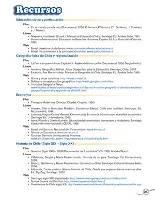 Recursos
Educación cívica y participación
		   Film
         •	 En el mundo a cada rato (Documental, 2004, P Ferreira, P Ventura, Ch. Gutiérrez, J. Corchera
                                                          .         .
            y J. Fesser).
		   Libros
         •	 Nogueira, Humberto (Coord.): Manual de Educación Cívica. Santiago: Ed. Andrés Bello, 1997 .
         •	 Amnistía Internacional: Educación en Derechos Humanos. España: Ed. Los libros de la Catarata,
            1995.
		   Web
         •	 Portal derechos ciudadanos: www.comisiondefensoraciudadana.cl/
         •	 Portal de promoción a la participación cívica: www.participemos.cl/
Geografía física de Chile y regionalización
		   Film
         •	 La Tierra en que vivimos. Capítulo 3: Aysén el último confín (Documental, 2006, Sergio Nuño).
		   Libros
         •	 Instituto Geográfico Militar. Atlas Geográfico para la Educación. Santiago, Chile, 2007.
         •	 Errázuriz, Ana María y otros: Manual de Geografía de Chile. Santiago: Ed. Andrés Bello, 1999.
		   Web
         •	 Guías y rutas turísticas: http://www.turistel.cl
         •	 Software de exploración geográfica: http://earth.google.com/intl/es/
         •	 Artículos Geografía Física:
         	 www.icarito.cl/enciclopedia/segundo-ciclo-basico/historia-geografia-y-ciencias-sociales/
            geografia-general-y-regional-de-chile/85.html
Economía
		   Film
         •	 Tiempos Modernos (Director Charles Chaplin, 1936).
		   Libros
         •	 Alonso, Pilar y Francisco Mochón: Economía Básica. Chile una realidad. Santiago: Ed.
            McGraw-Hill, 1994.
         •	 Lavados, Hugo y Carlos Massad: Elementos de Economía. Introducción al análisis económico.
            Santiago: Ed. Universitaria, 2000.
         •	 Iturra, Ricardo y Cristina Larraín: Educación del consumidor, democracia y ciudadanía. Santiago:
            Consumers Internacional y CEAAL, 1995.
		   Web
         •	 Portal del Servicio Nacional del Consumidor: www.sernac.cl
         •	 Temas de Economía: www.minecon.cl
         •	 Guía del Servicio de Impuestos Internos:
         	 www.sii.cl/aprenda_sobre_impuestos/guia_educativa/guia.htm

Historia de Chile (Siglo XIX – Siglo XX)
		   Film
         •	 Nuestro Siglo 1900 - 2000 (Documental de 8 capítulos TVN, 1999, Andrés Wood).
		   Libros
         •	 Villalobos, Sergio y Marta Finsterbursch: Historia de mi país. Santiago: Ed. Universitaria,
            2005.
         •	 Blanco, Guillermo y Renzo Pecchenino: Contando a Chile. Santiago: Editorial Andrés Bello,
            2006.
         •	 Aldunate, Carlos y otros: Nueva historia de Chile. Desde sus orígenes hasta nuestros días.
            Ed. Zig-Zag, Santiago, 2002.
		   Web
         •	 Santiago siglo XIX digitalizado: http://www.santiagorepublicano.cl/index.html
         •	 Temas Guerra del Pacífico: http://www.laguerradelpacifico.cl
         •	 Presidentes de Chile siglo XX: http://www.memoriachilena.cl/historia/presidentesdechile.asp

                                                                                                               207
 