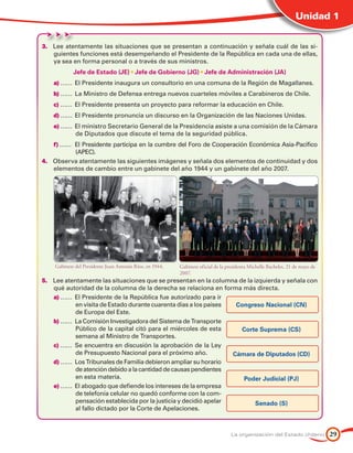 Unidad 1


3.	 Lee atentamente las situaciones que se presentan a continuación y señala cuál de las si-
    guientes funciones está desempeñando el Presidente de la República en cada una de ellas,
    ya sea en forma personal o a través de sus ministros.
            Jefe de Estado (JE) • Jefe de Gobierno (JG) • Jefe de Administración (JA)
    a) …… 	El Presidente inaugura un consultorio en una comuna de la Región de Magallanes.
    b) …… 	La Ministro de Defensa entrega nuevos cuarteles móviles a Carabineros de Chile.
    c) …… 	El Presidente presenta un proyecto para reformar la educación en Chile.
    d) …… 	El Presidente pronuncia un discurso en la Organización de las Naciones Unidas.
    e) …… 	El ministro Secretario General de la Presidencia asiste a una comisión de la Cámara
           de Diputados que discute el tema de la seguridad pública.
    f) …… 	El Presidente participa en la cumbre del Foro de Cooperación Económica Asia-Pacífico
           (APEC).
4.	 Observa atentamente las siguientes imágenes y señala dos elementos de continuidad y dos
    elementos de cambio entre un gabinete del año 1944 y un gabinete del año 2007.




    Gabinete del Presidente Juan Antonio Ríos, en 1944.   Gabinete oficial de la presidenta Michelle Bachelet, 21 de mayo de
                                                          2007.
5.	 Lee atentamente las situaciones que se presentan en la columna de la izquierda y señala con
    qué autoridad de la columna de la derecha se relaciona en forma más directa.
    a) ……	 El Presidente de la República fue autorizado para ir
           en visita de Estado durante cuarenta días a los países  Congreso Nacional (CN)
           de Europa del Este.
    b) ……	 La Comisión Investigadora del Sistema de Transporte
           Público de la capital citó para el miércoles de esta     Corte Suprema (CS)
           semana al Ministro de Transportes.
    c) …… 	Se encuentra en discusión la aprobación de la Ley
           de Presupuesto Nacional para el próximo año.           Cámara de Diputados (CD)
    d) ……	 Los Tribunales de Familia debieron ampliar su horario
           de atención debido a la cantidad de causas pendientes
           en esta materia.                                          Poder Judicial (PJ)
    e) ……	 El abogado que defiende los intereses de la empresa
           de telefonía celular no quedó conforme con la com-
           pensación establecida por la justicia y decidió apelar         Senado (S)
           al fallo dictado por la Corte de Apelaciones.



                                                                                   La organización del Estado chileno          29
 