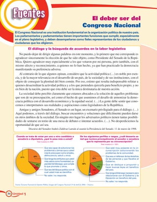 Fuentes                                                                                       El deber ser del
                                                                                               Congreso Nacional
    El Congreso Nacional es una institución fundamental en la organización política de nuestro país.
    Los parlamentarios y parlamentarias tienen importantes funciones que cumplir, especialmente
    en el plano legislativo, y deben desempeñarse como fieles representantes de los ciudadanos y
    ciudadanas que los eligieron.

                     El diálogo y la búsqueda de acuerdos en la labor legislativa
       No puedo dejar de dirigir algunas palabras en este momento, y lo primero que me corresponde es
    agradecer sinceramente la elección de que he sido objeto, como Presidente del Senado de la Repú-
    blica. Quiero agradecer muy especialmente a los que votaron por mi persona, pero también, con el
    mismo afecto y reconocimiento, a quienes no lo han hecho, ya que han practicado la democracia
    manifestando su preferencia adversa.
       Al contrario de lo que algunos opinan, considero que la actividad política (…) es noble por esen-
    cia, y de la mayor relevancia en el desarrollo de un país, de la sociedad y de sus instituciones, con el
    objeto de conseguir la plenitud del bien común. Por eso, estimo que resulta indispensable refutar a
    quienes desacreditan la actividad política y a los que pretenden ejercerla para beneficio propio, y no
    en bien de la nación, puesto que esta debe ser la única destinataria de nuestra acción.
       La sociedad debe percibir claramente que estamos abocados a la solución de aquellos problemas
    que son de su preocupación, así como el hecho de que asumimos el desafío de armonizar la demo-
    cracia política con el desarrollo económico y la equidad social. (…) La gente debe sentir que cono-
    cemos e interpretamos sus realidades y aspiraciones como legisladores de la República.
       Amigas y amigos Senadores, el Senado es un lugar, un escenario privilegiado para el diálogo. (…)
    Aquí podemos, a través del diálogo, buscar encuentros y soluciones que difícilmente pueden darse
    en otros ámbitos de la sociedad. En ningún otro lugar los adversarios políticos tienen tantas posibili-
    dades de sentarse en torno de una mesa de debates e intentar acuerdos. (…). No desperdiciemos la
    oportunidad de que así sea.
                      Discurso del Senador Andrés Zaldívar Larraín al asumir la Presidencia del Senado. 11 de marzo de 1998.

     Cuando se trata de votar por uno u otro candidato a                                    De los siguientes perfiles o rasgos, ¿cuál desearía us-
      senador/a o diputado/a, ¿qué le pesa más a usted?                                     ted que tuviera principalmente el senador o senadora
                                 Total muestra (n= 904)                                           que lo representa por su circunscripción?
                                                                                                                         Total muestra (n = 1201)

                                           Que sea capaz de solucionar los                                                     Que esté muy presente en la cir-
                                           problemas o temas que a usted                                                       cunscripción solucionando los
                                           más le preocupan como empleo,                                                       problemas de la comunidad.
                            28%
                                           delincuencia, salud u otros.                                                        Que sea un defensor de los derechos
           61%
                                           Que tenga los atributos que usted                                 22%               de las personas y que fiscalice al
                                           más valora como honestidad, ca-                                                     Gobierno.
                                6%         pacidad de liderazgo, que cumpla                    48%
                                                                                                                               Que se dedique a proponer y
                                           lo que promete u otros.                                                 14%         hacer buenas leyes en beneficio
                              5%
                                           Que sea del bloque político con el                                14%               del país.
                                           cual usted más se identifica.                                                       Que tenga el liderazgo necesario para
                                                                                                        2%
                                           No sabe ⁄ no responde.                                                              relacionarse con el Gobierno y la
                                                                                                                               Oposición en beneficio del país.
                                                                                                                               No sabe ⁄ no responde.
    Fuente: Encuesta Nacional de Opinión Pública: Imagen del Congreso Nacional (19 de abril de 2006) – Datavoz.




34 Unidad 1
 