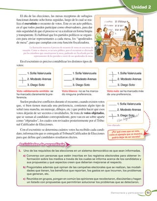 Unidad 2

    El día de las elecciones, las mesas receptoras de sufragios
funcionan durante ocho horas seguidas, luego de lo cual se rea-
liza el escrutinio o recuento de votos. Este es un acto público,
en el que todos pueden participar como observadores, para dar
más seguridad de que el proceso se va a realizar en forma limpia
y transparente. Es habitual que los partidos políticos se organi-
cen para enviar representantes a cada mesa, los “apoderados
de mesa”, para que cumplan con esta función fiscalizadora.
             La ilustración muestra el proceso de recuento de votos en una mesa de
     votación. Como se observa, es un acto público, pero el escrutinio es efectuado
      por los miembros que constituyeron la mesa, pudiendo ser fiscalizado por los
                  representantes de los partidos a través de sus apoderados de mesa.

   En el escrutinio es preciso contabilizar los distintos tipos de
votos:




Voto válidamente emitido: se                     Voto blanco: no se ha marca-          Voto nulo: se ha marcado más
ha marcado claramente la pre-                    do ninguna preferencia.               de una preferencia.
ferencia.
   Suelen producirse conflictos durante el recuento, cuando existen votos
que, si bien tienen marcada una preferencia, contienen algún tipo de
señal (una mancha, un mensaje, dibujos, etc.) que podría hacer que esos
votos dejarán de ser secretos e invalidarlos. Se trata de votos objetados,
que se suman al candidato correspondiente, pero van en un sobre aparte
como objetados, los cuales son revisados posteriormente por el Tribu-
nal Calificador de Elecciones.                                                         Voto objetado.
   Con el escrutinio se determina cuántos votos ha recibido cada candi-
                                                                                           ¿Por qué crees que un voto,
dato, información que es entregada al Tribunal Calificador de Elecciones                 como el ejemplo que se muestra,
para que defina qué candidatos resultaron electos.                                         podr ía dejar de ser secreto?

  Actividades de aprendizaje
 1.	 Uno de los requisitos de las elecciones en un sistema democrático es que sean informadas.
     a)	Conversa con personas que estén inscritas en los registros electorales para obtener in-
        formación sobre los medios a través de los cuales se informa acerca de los candidatos y
        sus propuestas y qué aspectos creen que deberían mejorarse al respecto.
     b)	Pregúntales además qué opinan de las campañas electorales que se realizan, las modali-
        dades que tienen, los beneficios que reportan, los gastos en que incurren, los problemas
        que generan, etc.
     c)	 Reunidos en grupos, pongan en común las opiniones que recolectaron, discútanlas y hagan
         un listado con propuestas que permitirían solucionar los problemas que se detectaron.


                                                                                           Democracia y participación      51
 