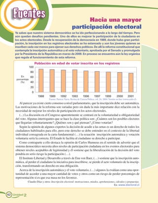 Fuentes                                                       Hacia una mayor
                                                           participación electoral
    Ya sabes que nuestro sistema democrático se ha ido perfeccionando a lo largo del tiempo. Pero
    aún quedan desafíos pendientes. Uno de ellos es mejorar la participación de la ciudadanía en
    los actos electorales. Desde la recuperación de la democracia en 1989, donde hubo gran partici-
    pación, la inscripción en los registros electorales se ha estancado y son los jóvenes quienes se
    inscriben cada vez menos para ejercer sus derechos políticos. De allí la reforma constitucional que
    contempla la inscripción automática y el voto voluntario, aprobada por el Senado y promulgada
    por la Presidenta de la República en marzo de 2009. En proceso se encuentra aún la ley orgánica
    que regula el funcionamiento de esta reforma.

                      Población en edad de votar inscrita en los registros
               100
                80
         En     60
     porcentaje
        (%)     40
                20
                  0
                        1988     1989        1992         1993         1996         1997        1999          2000        2001
                                 Fuente: Patricio Navia. Revista de Ciencia Política, vol. 24, 2004: Versión on-line (www.scielo.cl).
        Al parecer ya existe cierto consenso a nivel parlamentario, que la inscripción debe ser automática.
    Las motivaciones de la reforma son variadas pero sin duda la más importante dice relación con la
    necesidad de mejorar los niveles de participación en los actos electorales.
        (...) La discusión en el Congreso aparentemente se centrará en la voluntariedad u obligatoriedad
    del voto. Algunas interrogantes que se hace la clase política son: ¿Cuántos son los posibles electores
    que llegarían voluntariamente? ¿Quiénes son y qué piensan? ¿Cómo votarían?
        Según la opinión de algunos expertos la decisión de acudir a las urnas es un derecho de todos los
    ciudadanos habilitados para ello, pero este derecho se debe entender en el contexto de la libertad
    individual consagrada en la carta fundamental (…) la ecuación inscripción automática y votación
    voluntaria sería la correcta. El Estado le facilita al ciudadano su derecho a participar.
        Como contraparte a ello destaca la opinión de Carlos Hunneus en el sentido de advertir que el
    sistema democrático necesita altos niveles de participación ciudadana en los eventos electorales para
    obtener niveles aceptables de legitimidad y él sostiene que la liberalización de la decisión del voto
    pondría en serio riesgo la participación (…).
        El Instituto Libertad y Desarrollo a través de Ena von Baer, (…) sostiene que la inscripción auto-
    mática, al perder el ciudadano la iniciativa para inscribirse, se pierde el acto voluntario de la inscrip-
    ción, transformando un derecho en una obligación.
        Acerca de la inscripción automática y el voto voluntario, (…) algunos la evalúan como una opor-
    tunidad de acceder a una mayor cantidad de votos y otros como un riesgo de perder porcentajes de
    representación si es que esa masa no los favorece.
       	      Claudio Díaz y otros: Inscripción electoral: motivaciones, miedos, aprehensiones, cálculos y propuestas.
                                                                                              En: www.electoral.cl


62 Unidad 2
 