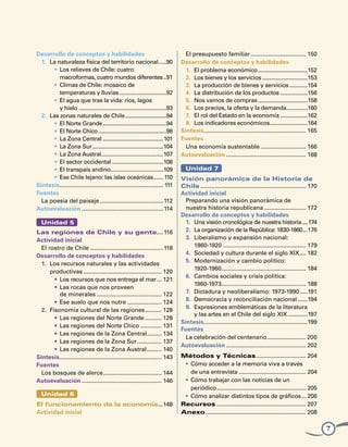 Desarrollo de conceptos y habilidades                                              El presupuesto familiar................................... 150
  1.	 La naturaleza física del territorio nacional......90                       Desarrollo de conceptos y habilidades
        •	 Los relieves de Chile: cuatro                                           1.	 El problema económico..................................152
        	 macroformas, cuatro mundos diferentes...91                               2.	 Los bienes y los servicios...............................153
        •	 Climas de Chile: mosaico de                                             3.	 La producción de bienes y servicios.............154
        	 temperaturas y lluvias................................92                 4.	 La distribución de los productos...................156
        •	  l agua que trae la vida: ríos, lagos
           E                                                                       5.	 Nos vamos de compras..................................158
        	 y hielo...........................................................93     6.	 Los precios, la oferta y la demanda..............160 .
  2.	 Las zonas naturales de Chile............................94                   7.	 El rol del Estado en la economía...................162
        •	 El Norte Grande...........................................94            8.	 Los indicadores económicos.........................164
                                                                                                                                  .
        •	 El Norte Chico..............................................98        Síntesis............................................................... 165
                                                                                           .
        •	 La Zona Central.........................................101           Fuentes
        •	 La Zona Sur. ..............................................104
                            .                                                      Una economía sustentable............................. 166
        •	 La Zona Austral.........................................107
                                  .                                              Autoevaluación.................................................. 168
        •	 El sector occidental...................................108
        •	 El transpaís andino...................................109               Unidad 7
        •	 Ese Chile lejano: las islas oceánicas....... 110                      Visión panorámica de la Historia de
Síntesis................................................................ 111
           .                                                                     Chile.................................................................. 170
Fuentes                                                                          Actividad inicial
  La poesía del paisaje........................................112                 Preparando una visión panorámica de
Autoevaluación................................................... 114              nuestra historia republicana........................... 172
                                                                                 Desarrollo de conceptos y habilidades
  Unidad 5                                                                         1.	 Una visión cronológica de nuestra historia.....174
Las regiones de Chile y su gente....116                             .              2.	 La organización de la República: 1830-1860. ..176              .
Actividad inicial                                                                  3.	 Liberalismo y expansión nacional:
  El rostro de Chile..............................................118              	 1860-1920.................................................... 179
Desarrollo de conceptos y habilidades                                              4.	 Sociedad y cultura durante el siglo XIX. ... 182             .
                                                                                   5.	 Modernización y cambio político:
  1.	 Los recursos naturales y las actividades
                                                                                   	 1920-1960.................................................... 184
                                                                                                    .
  	 productivas................................................. 120
                                                                                   6.	 Cambios sociales y crisis política:
        •	 Los recursos que nos entrega el mar.... 121
                                                                                   	 1960-1973.................................................... 188
                                                                                                    .
        •	 Las rocas que nos proveen
           de minerales......................................... 122               7.	 Dictadura y neoliberalismo: 1973-1990......191
        •	 Ese suelo que nos nutre...................... 124                       8.	 Democracia y reconciliación nacional.......194
                                                                                   9.	 Expresiones emblemáticas de la literatura
  2.	 Fisonomía cultural de las regiones........... 128
                                                                                   	 y las artes en el Chile del siglo XIX. ............197  .
        •	 Las regiones del Norte Grande........... 128
                                                                                 Síntesis................................................................199
                                                                                           .
        •	 Las regiones del Norte Chico.............. 131
                                                                                 Fuentes
        •	 Las regiones de la Zona Central. ........ 134      .
                                                                                   La celebración del centenario. ....................... 200
                                                                                                                                .
        •	 Las regiones de la Zona Sur................ 137
                                                                                 Autoevaluación.................................................. 202
        •	 Las regiones de la Zona Austral.......... 140
Síntesis............................................................... 143
           .                                                                     Métodos y Técnicas............................... 204
                                                                                                                       .
Fuentes                                                                           •	 Cómo acceder a la memoria viva a través
  Los bosques de alerce. ................................... 144
                                   .                                              	 de una entrevista............................................ 204
Autoevaluación.................................................. 146              •	 Cómo trabajar con las noticias de un
                                                                                  	 periódico.......................................................... 205
  Unidad 6                                                                        •	 Cómo analizar distintos tipos de gráficos.... 206
El funcionamiento de la economía....148                                          Recursos........................................................ 207
Actividad inicial                                                                Anexo. ............................................................. 208
                                                                                         .

                                                                                                                                                               7
 