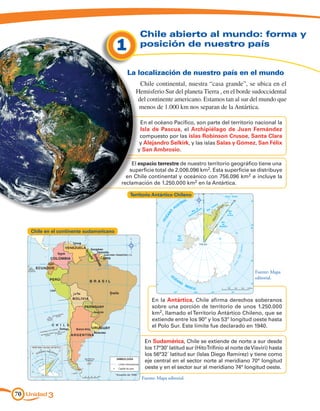 Chile abierto al mundo: forma y
                                          1       posición de nuestro país


                                              La localización de nuestro país en el mundo
                                                 Chile continental, nuestra “casa grande”, se ubica en el
                                                Hemisferio Sur del planeta Tierra , en el borde sudoccidental
                                                del continente americano. Estamos tan al sur del mundo que
                                                 menos de 1.000 km nos separan de la Antártica.

                                                  En el océano Pacífico, son parte del territorio nacional la
                                                  Isla de Pascua, el Archipiélago de Juan Fernández
                                                  compuesto por las islas Robinson Crusoe, Santa Clara
                                                  y Alejandro Selkirk, y las islas Salas y Gómez, San Félix
                                                 y San Ambrosio.

                                              El espacio terrestre de nuestro territorio geográfico tiene una
                                             superficie total de 2.006.096 km2. Esta superficie se distribuye
                                            en Chile continental y oceánico con 756.096 km2 e incluye la
                                          reclamación de 1.250.000 km2 en la Antártica.

                                              Territorio Antártico Chileno
                                                                              AL
                                                                          STR
                                                                       AU
                                                                  NO
                                                               ÉA
                                                             OC




    Chile en el continente sudamericano




                                                                                                      Fuente: Mapa
                                                                                                      editorial.



                                                        En la Antártica, Chile afirma derechos soberanos
                                                        sobre una porción de territorio de unos 1.250.000
                                                        km2, llamado el Territorio Antártico Chileno, que se
                                                        extiende entre los 90º y los 53º longitud oeste hasta
                                                        el Polo Sur. Este límite fue declarado en 1940.

                                                    En Sudamérica, Chile se extiende de norte a sur desde
                                                    los 17°30’ latitud sur (HitoTrifinio al norte de Visviri) hasta
                                                    los 56°32´ latitud sur (Islas Diego Ramírez) y tiene como
                                                    eje central en el sector norte al meridiano 70° longitud
                                                    oeste y en el sector sur al meridiano 74° longitud oeste.
                                                   Fuente: Mapa editorial.


70 Unidad 3
 