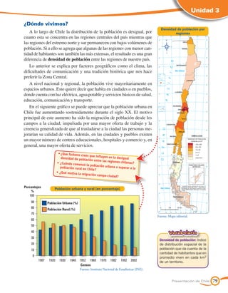 Unidad 3

¿Dónde vivimos?
                                                                                               Densidad de población por
    A lo largo de Chile la distribución de la población es desigual, por                               regiones
cuanto esta se concentra en las regiones centrales del país mientras que
las regiones del extremo norte y sur permanecen con bajos volúmenes de
población. Si a ello se agrega que algunas de las regiones con menor can-
tidad de habitantes son también las más extensas, el resultado es una gran
diferencia de densidad de población entre las regiones de nuestro país.
    Lo anterior se explica por factores geográficos como el clima, las
dificultades de comunicación y una tradición histórica que nos hace
preferir la Zona Central.
    A nivel nacional y regional, la población vive mayoritariamente en
espacios urbanos. Esto quiere decir que habita en ciudades o en pueblos,
donde cuenta con luz eléctrica, agua potable y servicios básicos de salud,
educación, comunicación y transporte.
    En el siguiente gráfico se puede apreciar que la población urbana en
Chile fue aumentando sostenidamente durante el siglo XX. El motivo
principal de este aumento ha sido la migración de población desde los
campos a la ciudad, impulsada por una mayor oferta de trabajo y la
creencia generalizada de que al trasladarse a la ciudad las personas me-
jorarían su calidad de vida. Además, en las ciudades y pueblos existen
un mayor número de centros educacionales, hospitales y comercio y, en
general, una mayor oferta de servicios.
                         •	¿Que factores cre
                                             es que influyen en
                            densidad de poblac                    la desigual
                                                ión entre las regio
                        •	 ¿Cuándo comenz                          nes chilenas?
                                            ó la población urba
                           población rural en                    na a superar a la
                                               Chile?
                        •	 ¿Qué motiva la
                                          migración campo-
                                                              ciudad?


Porcentajes
                     Población urbana y rural (en porcentaje)
    %
   100
    90          Población Urbana (%)
    80
                Población Rural (%)
    70
                                                                                             Fuente: Mapa editorial.
    60
    50
    40                                                                                               Vocabulario
    30
                                                                                              Densidad de población: índice
    20                                                                                        de distribución espacial de la
    10                                                                                        población que da cuenta de la
                                                                                              cantidad de habitantes que en
     0
                                                                                              promedio viven en cada km2
         1907    1920     1930   1940    1952 1960 1970 1982 1992 2002                        de un territorio.
                                          Censos
                                         Fuente: Instituto Nacional de Estadísticas (INE).


                                                                                                       Presentación de Chile   79
 