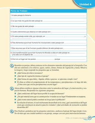 Unidad 4

Ficha de Trabajo

1.A este paisaje lo titularía                                                                             .


2. Lo que más me gusta de este paisaje es                                                                  .


3.No me gusta de este paisaje                                                                                 .


4. Cuatro elementos que observo en este paisaje son                                                            .

5.En este paisaje existe vida, por ejemplo, en                             ,                             y
                            .

6.Tres elementos que el ser humano ha incorporado a este paisaje son                                      .


7. Dos recursos que el ser humano puede obtener de este paisaje son                                        .

8.Una transformación que el ser humano ha llevado a cabo en este paisaje es
  y ha sido con el objetivo de                            .

9.Vivir en un lugar así me parece                             porque                                      .



2 	 Reunidos en parejas, deben centrarse en los elementos naturales del paisaje de la fotografía. Con
    ello nos referimos a los relieves, aguas, suelos, climas, formas de vegetación y fauna. Observa
    la imagen y luego responde las preguntas que se formulan.
       	 ¿Qué formas de relieve reconoces?
       	 ¿Qué tipo de vegetación domina el paisaje?
       	 ¿Qué formas de agua dulce, –líquida, sólida o gaseosa– se aprecian a simple vista?
       	 El clima se refiere al comportamiento de las temperaturas y precipitaciones a lo largo del año.
         ¿Cómo crees que son las precipitaciones en este lugar?

3 	 Ahora deben establecer algunas relaciones entre la naturaleza del lugar y la intervención y ocu-
    pación humana. Respondan las siguientes preguntas:
       	 ¿Qué condiciones del lugar hacen posible la ocupación humana?
       	 ¿De qué material creen que se construyen las viviendas en ese lugar? Fundamenten su respuesta.
       	 ¿Qué evento natural podría constituir un riesgo para la población?
       	 En relación al turismo, el cual está bastante desarrollado en la zona: ¿qué características del lugar
         creen que constituyen un atractivo para los visitantes? ¿Qué actividades de recreación se podrán
         desarrollar allí?

4 	 Para finalizar, guiándose por las preguntas anteriores, analicen el paisaje del lugar donde viven.
    No olviden que una ciudad también es un paisaje, aunque con una gran intervención humana.

                                                                                Chile, un mosaico de paisajes      89
 