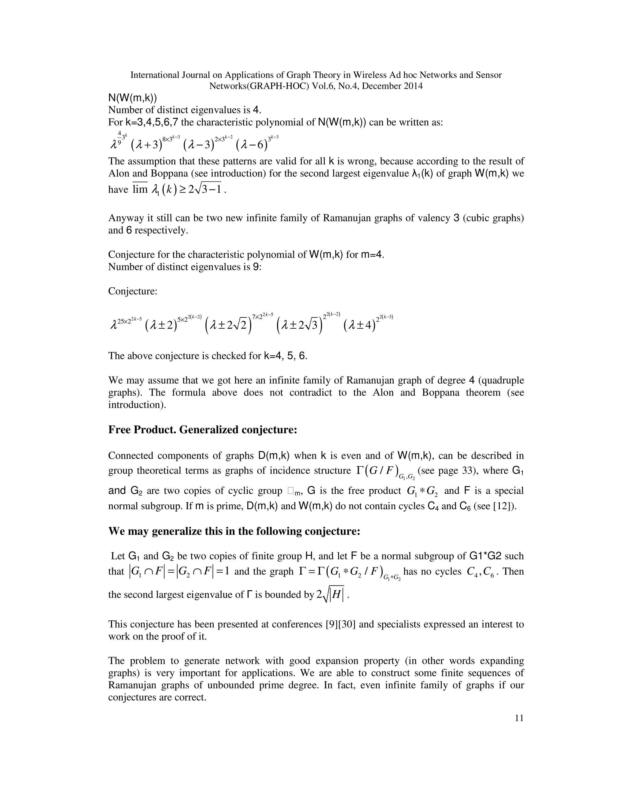 International Journal on Applications of Graph Theory in Wireless Ad hoc Networks and Sensor
Networks(GRAPH-HOC) Vol.6, No.4, December 2014
11
N(W(m,k))
Number of distinct eigenvalues is 4.
For k=3,4,5,6,7 the characteristic polynomial of N(W(m,k)) can be written as:
( ) ( ) ( )
3 2 3
4
3 8 3 2 3 3
9
3 3 6
k k k k
λ λ λ λ
− − −
× ×
+ − −
The assumption that these patterns are valid for all k is wrong, because according to the result of
Alon and Boppana (see introduction) for the second largest eigenvalue λ1(k) of graph W(m,k) we
have ( )1lim 2 3 1kλ ≥ − .
Anyway it still can be two new infinite family of Ramanujan graphs of valency 3 (cubic graphs)
and 6 respectively.
Conjecture for the characteristic polynomial of W(m,k) for m=4.
Number of distinct eigenvalues is 9:
Conjecture:
( )
( )
( ) ( )
( )
( )
( )2 22 52 2 2 32 5 7 2 25 2 225 2
2 2 2 2 3 4
kkk kk
λ λ λ λ λ
−−− −− ×××
± ± ± ±
The above conjecture is checked for k=4, 5, 6.
We may assume that we got here an infinite family of Ramanujan graph of degree 4 (quadruple
graphs). The formula above does not contradict to the Alon and Boppana theorem (see
introduction).
Free Product. Generalized conjecture:
Connected components of graphs D(m,k) when k is even and of W(m,k), can be described in
group theoretical terms as graphs of incidence structure ( ) 1 2,
/ G G
G FΓ (see page 33), where G1
and G2 are two copies of cyclic group ⋯m, G is the free product 1 2G G∗ and F is a special
normal subgroup. If m is prime, D(m,k) and W(m,k) do not contain cycles C4 and C6 (see [12]).
We may generalize this in the following conjecture:
Let G1 and G2 be two copies of finite group H, and let F be a normal subgroup of G1*G2 such
that 1 2 1G F G F∩ = ∩ = and the graph ( ) 1 2
1 2 / G G
G G F ∗
Γ = Γ ∗ has no cycles 4 6,C C . Then
the second largest eigenvalue of Γ is bounded by 2 H .
This conjecture has been presented at conferences [9][30] and specialists expressed an interest to
work on the proof of it.
The problem to generate network with good expansion property (in other words expanding
graphs) is very important for applications. We are able to construct some finite sequences of
Ramanujan graphs of unbounded prime degree. In fact, even infinite family of graphs if our
conjectures are correct.
 