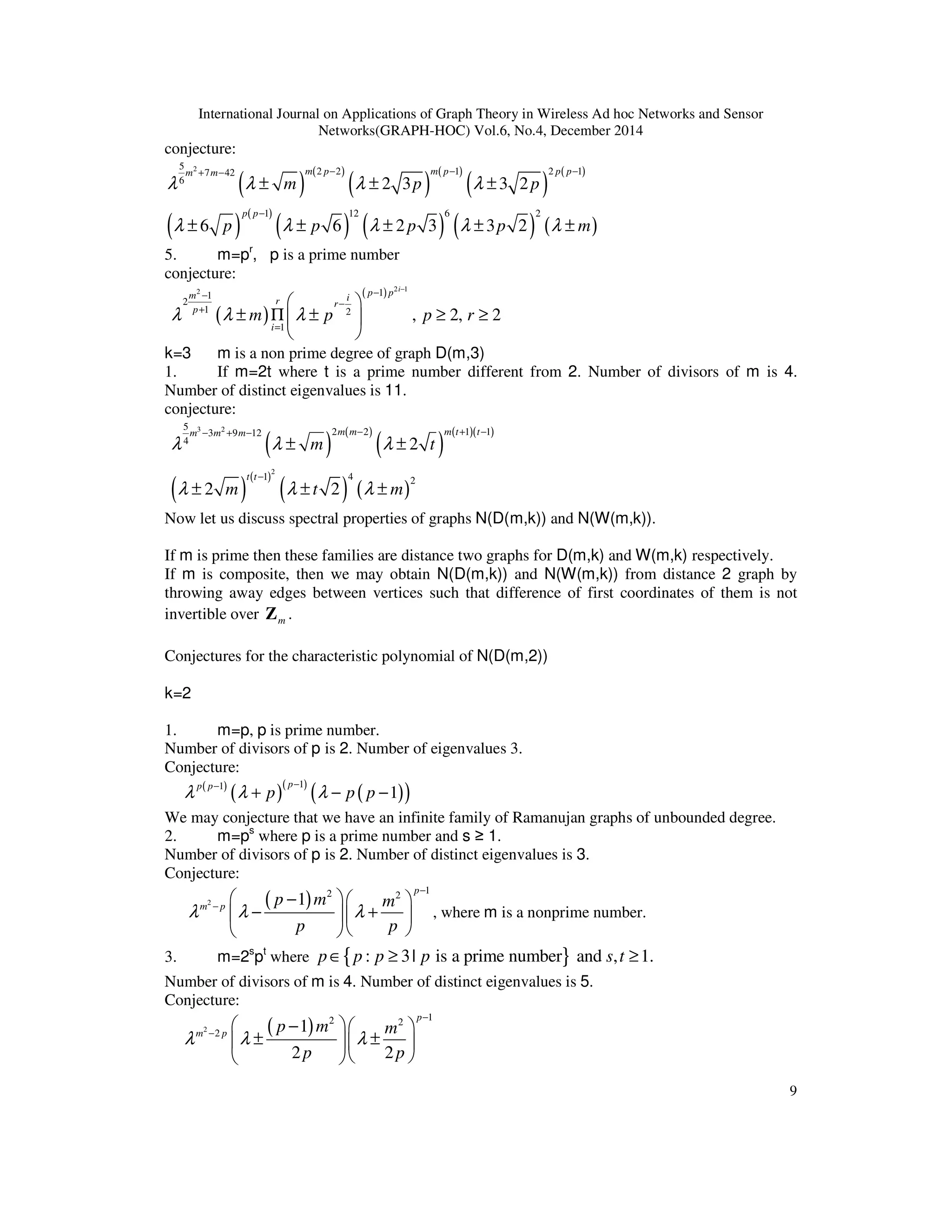 International Journal on Applications of Graph Theory in Wireless Ad hoc Networks and Sensor
Networks(GRAPH-HOC) Vol.6, No.4, December 2014
9
conjecture:
( )
( )
( )
( )
( )
( )
( )
( )
( ) ( ) ( ) ( )
25 2 2 1 2 17 42
6
1 12 6 2
2 3 3 2
6 6 2 3 3 2
m p m p p pm m
p p
m p p
p p p p m
λ λ λ λ
λ λ λ λ λ
− − −+ −
−
± ± ±
± ± ± ± ±
5. m=pr
, p is a prime number
conjecture:
( )
( ) 2 12 11
2
1 2
1
, 2, 2
i
p pm ir r
p
i
m p p rλ λ λ
−
−−
−
+
=
 
± Π ± ≥ ≥ 
 
k=3 m is a non prime degree of graph D(m,3)
1. If m=2t where t is a prime number different from 2. Number of divisors of m is 4.
Number of distinct eigenvalues is 11.
conjecture:
( )
( )
( )
( )( )
( )
( )
( ) ( )
3 2
2
5 2 2 1 13 9 12
4
1 4 2
2
2 2
m m m t tm m m
t t
m t
m t m
λ λ λ
λ λ λ
− + −− + −
−
± ±
± ± ±
Now let us discuss spectral properties of graphs N(D(m,k)) and N(W(m,k)).
If m is prime then these families are distance two graphs for D(m,k) and W(m,k) respectively.
If m is composite, then we may obtain N(D(m,k)) and N(W(m,k)) from distance 2 graph by
throwing away edges between vertices such that difference of first coordinates of them is not
invertible over mZ .
Conjectures for the characteristic polynomial of N(D(m,2))
k=2
1. m=p, p is prime number.
Number of divisors of p is 2. Number of eigenvalues 3.
Conjecture:
( )
( )( )
( )( )11
1
pp p
p p pλ λ λ
−−
+ − −
We may conjecture that we have an infinite family of Ramanujan graphs of unbounded degree.
2. m=ps
where p is a prime number and s ≥ 1.
Number of divisors of p is 2. Number of distinct eigenvalues is 3.
Conjecture:
( )2
12 2
1
p
m p p m m
p p
λ λ λ
−
−
 −  
− +  
  
, where m is a nonprime number.
3. m=2s
pt
where { }: 3| is a prime number and , 1.p p p p s t∈ ≥ ≥
Number of divisors of m is 4. Number of distinct eigenvalues is 5.
Conjecture:
( )2
12 2
2 1
2 2
p
m p p m m
p p
λ λ λ
−
−
 −  
± ±  
  
 