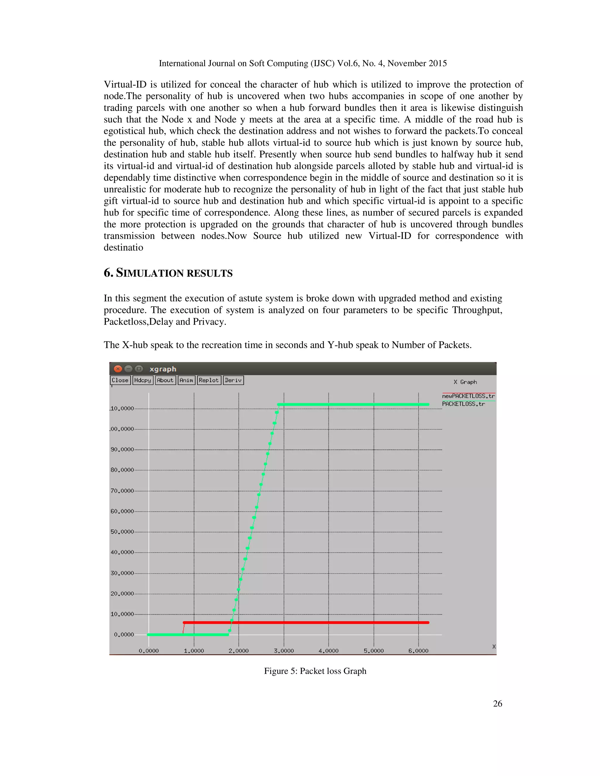 International Journal on Soft Computing (IJSC) Vol.6, No. 4, November 2015
26
Virtual-ID is utilized for conceal the character of hub which is utilized to improve the protection of
node.The personality of hub is uncovered when two hubs accompanies in scope of one another by
trading parcels with one another so when a hub forward bundles then it area is likewise distinguish
such that the Node x and Node y meets at the area at a specific time. A middle of the road hub is
egotistical hub, which check the destination address and not wishes to forward the packets.To conceal
the personality of hub, stable hub allots virtual-id to source hub which is just known by source hub,
destination hub and stable hub itself. Presently when source hub send bundles to halfway hub it send
its virtual-id and virtual-id of destination hub alongside parcels alloted by stable hub and virtual-id is
dependably time distinctive when correspondence begin in the middle of source and destination so it is
unrealistic for moderate hub to recognize the personality of hub in light of the fact that just stable hub
gift virtual-id to source hub and destination hub and which specific virtual-id is appoint to a specific
hub for specific time of correspondence. Along these lines, as number of secured parcels is expanded
the more protection is upgraded on the grounds that character of hub is uncovered through bundles
transmission between nodes.Now Source hub utilized new Virtual-ID for correspondence with
destinatio
6. SIMULATION RESULTS
In this segment the execution of astute system is broke down with upgraded method and existing
procedure. The execution of system is analyzed on four parameters to be specific Throughput,
Packetloss,Delay and Privacy.
The X-hub speak to the recreation time in seconds and Y-hub speak to Number of Packets.
Figure 5: Packet loss Graph
 