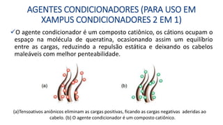 AGENTES CONDICIONADORES (PARA USO EM
XAMPUS CONDICIONADORES 2 EM 1)
O agente condicionador é um composto catiônico, os cátions ocupam o
espaço na molécula de queratina, ocasionando assim um equilíbrio
entre as cargas, reduzindo a repulsão estática e deixando os cabelos
maleáveis com melhor penteabilidade.
(a)Tensoativos aniônicos eliminam as cargas positivas, ficando as cargas negativas aderidas ao
cabelo. (b) O agente condicionador é um composto catiônico.
 