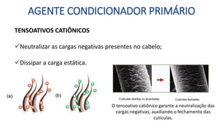 AGENTE CONDICIONADOR PRIMÁRIO
TENSOATIVOS CATIÔNICOS
Neutralizar as cargas negativas presentes no cabelo;
Dissipar a carga estática.
O tensoativo catiônico garante a neutralização das
cargas negativas, auxiliando o fechamento das
cutículas.
 