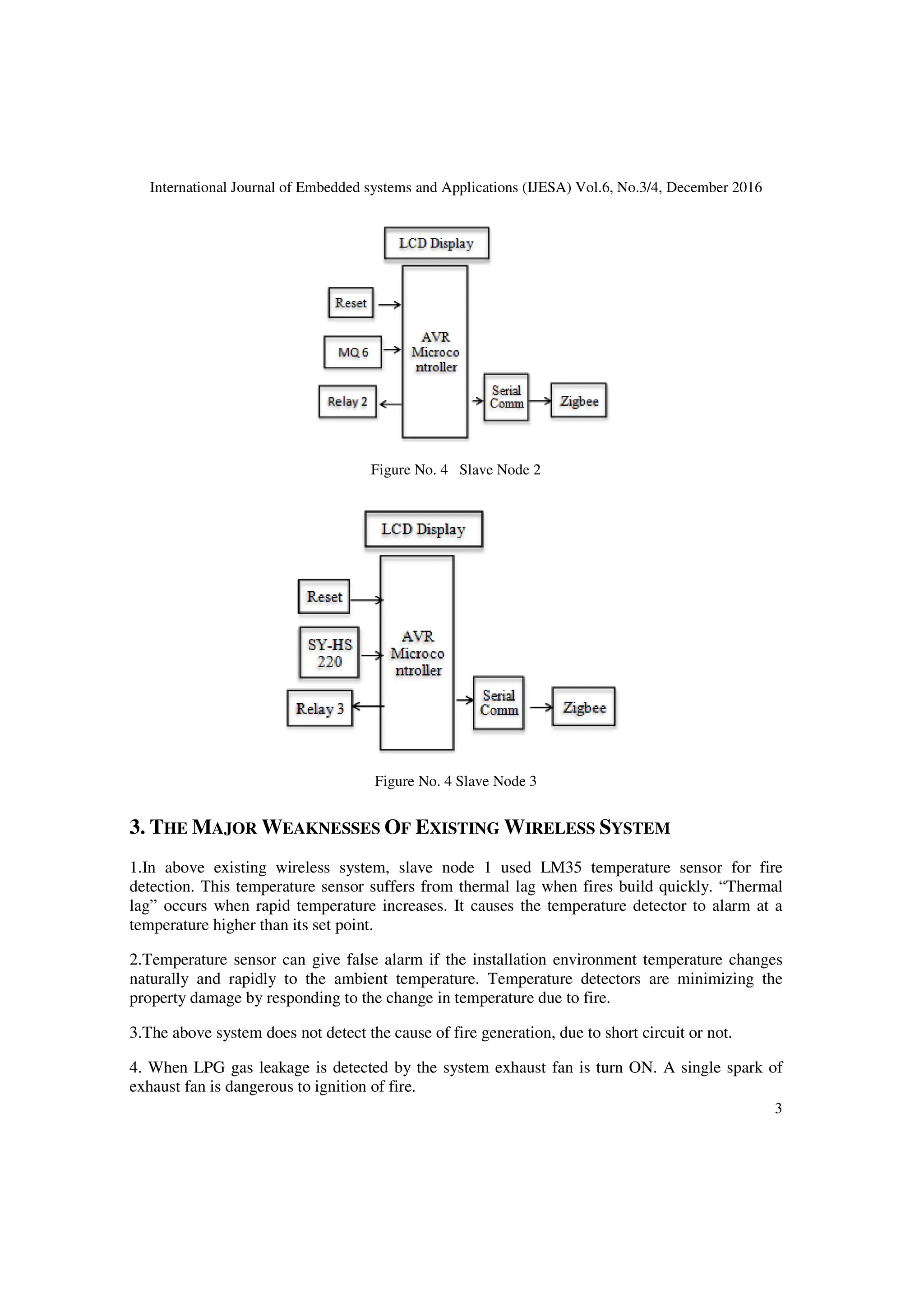 International Journal of Embedded systems and Applications (IJESA) Vol.6, No.3/4, December 2016
3
Figure No. 4 Slave Node 2
Figure No. 4 Slave Node 3
3. THE MAJOR WEAKNESSES OF EXISTING WIRELESS SYSTEM
1.In above existing wireless system, slave node 1 used LM35 temperature sensor for fire
detection. This temperature sensor suffers from thermal lag when fires build quickly. “Thermal
lag” occurs when rapid temperature increases. It causes the temperature detector to alarm at a
temperature higher than its set point.
2.Temperature sensor can give false alarm if the installation environment temperature changes
naturally and rapidly to the ambient temperature. Temperature detectors are minimizing the
property damage by responding to the change in temperature due to fire.
3.The above system does not detect the cause of fire generation, due to short circuit or not.
4. When LPG gas leakage is detected by the system exhaust fan is turn ON. A single spark of
exhaust fan is dangerous to ignition of fire.
 