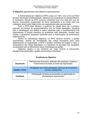 Administração da Produção e Operações
Prof. Ronã Rinston Amaury Mendes
30
4. Objective (agendamento dos objetivos organizacionais)
A Administração por Objetivos (APO) surgiu em 1954, com o livro de Peter
Drucker Introdução à Administração, relatando sua experiência na Genaral Motors.
A montadora, através da APO, procurou evidenciar que uma meta tem que ser
factível, mensurável, programada de forma participativa e os meios para sua
realização devem estar disponíveis aos responsáveis pela sua execução.
Para a APO obter eficácia, a gerência de cúpula deve dar o primeiro
exemplo, em termos de comprometimento com as metas planejadas, disciplina
para a identificação dos déficits e ações coerentes para o reconhecimento dos
responsáveis. É preciso identificar os problemas mais relevantes, estudar suas
causas e apresentar propostas coerentes para a maximização da performance
organizacional.
Dentro da metodologia Objective, ou APO, deve-se envolver a gestão
orçamentária, através da formalização das metas financeiras para cada
departamento da organização. A APO é também chamada de Gestão à Vista. A
transparência das metas agendadas e a coerência na apuração dos resultados
conquistados são os diferenciais dessa metodologia de gestão.
Objective passou a ser sinônimo de: meta factível e mensurável,
planejamento participativo, gestão orçamentária e feedback.
Amplitude do Objective
Orçamento
Planejamento financeiro: definição das despesas, receitas e
investimentos de todas as áreas da organização.
Gestão à Vista
Divulgação das metas planejadas, para que os envolvidos
possam persegui-las.
Feedback
Participação de todos os envolvidos na elaboração do
planejamento orçamentário.
 