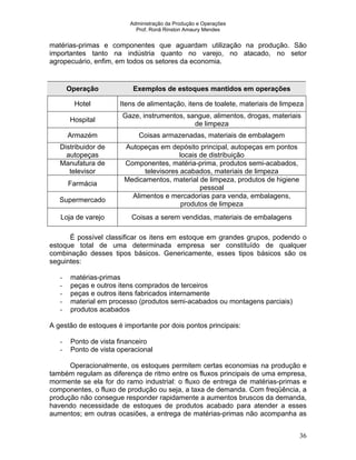 Administração da Produção e Operações
Prof. Ronã Rinston Amaury Mendes
36
matérias-primas e componentes que aguardam utilização na produção. São
importantes tanto na indústria quanto no varejo, no atacado, no setor
agropecuário, enfim, em todos os setores da economia.
Operação Exemplos de estoques mantidos em operações
Hotel Itens de alimentação, itens de toalete, materiais de limpeza
Hospital
Gaze, instrumentos, sangue, alimentos, drogas, materiais
de limpeza
Armazém Coisas armazenadas, materiais de embalagem
Distribuidor de
autopeças
Autopeças em depósito principal, autopeças em pontos
locais de distribuição
Manufatura de
televisor
Componentes, matéria-prima, produtos semi-acabados,
televisores acabados, materiais de limpeza
Farmácia
Medicamentos, material de limpeza, produtos de higiene
pessoal
Supermercado
Alimentos e mercadorias para venda, embalagens,
produtos de limpeza
Loja de varejo Coisas a serem vendidas, materiais de embalagens
É possível classificar os itens em estoque em grandes grupos, podendo o
estoque total de uma determinada empresa ser constituído de qualquer
combinação desses tipos básicos. Genericamente, esses tipos básicos são os
seguintes:
- matérias-primas
- peças e outros itens comprados de terceiros
- peças e outros itens fabricados internamente
- material em processo (produtos semi-acabados ou montagens parciais)
- produtos acabados
A gestão de estoques é importante por dois pontos principais:
- Ponto de vista financeiro
- Ponto de vista operacional
Operacionalmente, os estoques permitem certas economias na produção e
também regulam as diferença de ritmo entre os fluxos principais de uma empresa,
mormente se ela for do ramo industrial: o fluxo de entrega de matérias-primas e
componentes, o fluxo de produção ou seja, a taxa de demanda. Com freqüência, a
produção não consegue responder rapidamente a aumentos bruscos da demanda,
havendo necessidade de estoques de produtos acabado para atender a esses
aumentos; em outras ocasiões, a entrega de matérias-primas não acompanha as
 