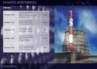 www.estanc.ee
Chimney h = 60m
D4000 mm, height 60.000 mm
Material: Corten B
Number of vents 5 pcs: 2x D=700 mm,
3x D=1000 mm
Estonia
Chimney h = 27m
D3000 mm, height 27.000 mm
Material: S235JRG2 / 1.4404
Number of vents: D=2700 mm
Russia
Chimney h = 27m
D1250 mm, height: 27 000 mm
Material: S235JRG2 / EN1.4404
Number of vents: 1 pc : D900mm
Latvia
Chimney h = 38m
D1900 mm, height: 38.000 mm
Material: S235JRG2 / P235TR1
Number of vents 4 pcs : 
2x D508mm, 2x D323mm
Finland
Chimney h = 55m
3x D1000 mm, height: 55 000 mm
Material: S235JRG2 / EN1.4404
Number of vents: 3 pcs: 3x D700mm
Finland
18
Chimneys
EXAMPLESOFREFERENCES
 