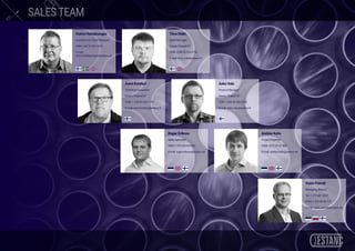 SALESTEAM
Aarni Kontturi
Technical Consultant
Estanc Finland OY
GSM: + 358 50 535 7191
E-mail: aarni.kontturi@estanc.fi
Asko Valo
Product Manager
Estanc Finland OY
GSM: +358 45 209 2009
E-mail: asko.valo@estanc.fi
Roger Erikson
Sales specialist
GSM: + 372 53 410 624
E-mail: roger.erikson@estanc.ee
Andres Kollo
Project Engineer
GSM: +372 51 67 389
E-mail: andres.kollo@estanc.ee
Raimo Huhtakangas
Scandinavian Sales Manager
GSM: +46 70 293 1014
E-mail:
raimo.huhtakangas@estanc.ee
Timo Mäki
Sales Manager
Estanc Finland OY
GSM: +358 40 350 2796
E-mail: timo.maki@estanc.fi
Vaido Palmik
Managing director
Tel: + 372 681 4203
GSM: + 372 50 46 777
E-mail: vaido.palmik@estanc.ee
 