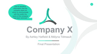 1
Company X
By Ashley Hatfield & Mélyna Tétreault
Final Presentation
Due to sensitive
information that the
company does not
which to communicate
with the public the
name of the company
has been removed
 