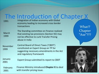 The Introduction of Chapter X 
1991 
March 
1999 
November 
1999 
January 
2001 
February 
2001 
Integration of Indian economy with Global 
economy leading to increased cross border 
transactions 
The Standing committee on Finance realized 
that existing tax provisions (Section 92) may 
not be effective to curb Transfer Pricing 
abuse in India 
Central Board of Direct Taxes ('CBDT') 
constituted an Expert Group on TP for 
suggesting necessary amendments in the Act 
and regulatory framework 
Expert Group submitted its report to CBDT 
Finance Ministry introduced Chapter X to deal 
with transfer pricing issue. 
What!? 
Chapter 
“Axe”??? 
 