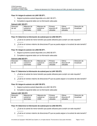 CCNA Exploration
Conceptos y protocolos de
enrutamiento: VLSM y CIDR                      Práctica de laboratorio 6.4.2: Reto de cálculo de VLSM y de diseño de direccionamiento



Paso 14: Asigne la subred a la LAN1 SE-ST1.
     1. Asigne la próxima subred disponible a la LAN1 SE-ST1.
     2. Complete la siguiente tabla con la información adecuada:

Subred LAN1 SE-ST1
Dirección     Máscara de                            Máscara de              Primera                  Última                  Dirección de
de red        subred en                             subred en               dirección IP             dirección IP            broadcast
              decimales                             CIDR                    utilizable               utilizable



Paso 15: Determine la información de subred para la LAN2 SE-ST1.
     1. ¿Cuál es la subred de menor tamaño que puede utilizarse para cumplir con este requisito?
        _______
     2. ¿Cuál es el número máximo de direcciones IP que se puede asignar a la subred de este tamaño?
        _______

Paso 16: Asigne la subred a la LAN2 SE-ST1.
     1. Asigne la próxima subred disponible a la LAN2 SE-ST1.
     2. Complete la siguiente tabla con la información adecuada:

Subred LAN2 SE-ST1
Dirección     Máscara de                            Máscara de              Primera                  Última                  Dirección de
de red        subred en                             subred en               dirección IP             dirección IP            broadcast
              decimales                             CIDR                    utilizable               utilizable



Paso 17: Determine la información de subred para la LAN1 SE-ST2.
     1. ¿Cuál es la subred de menor tamaño que puede utilizarse para cumplir con este requisito?
        _______
     2. ¿Cuál es el número máximo de direcciones IP que se puede asignar a la subred de este tamaño?
        _______

Paso 18: Asigne la subred a la LAN1 SE-ST2.
     1. Asigne la próxima subred disponible a la LAN1 SE-ST2.
     2. Complete la siguiente tabla con la información adecuada:

Subred LAN1 SE-ST2
Dirección     Máscara de                            Máscara de              Primera                   Última                 Dirección de
de red        subred en                             subred en               dirección IP              dirección IP           broadcast
              decimales                             CIDR                    utilizable                utilizable



Paso 19: Determine la información de subred para la LAN2 SE-ST2.
     1. ¿Cuál es la subred de menor tamaño que puede utilizarse para cumplir con este requisito?
        _______
     2. ¿Cuál es el número máximo de direcciones IP que se puede asignar a la subred de este tamaño?
        _______

All contents are Copyright © 1992-2009 Cisco Systems, Inc. All rights reserved. This document is Cisco public information.     Página 11 de 12
 