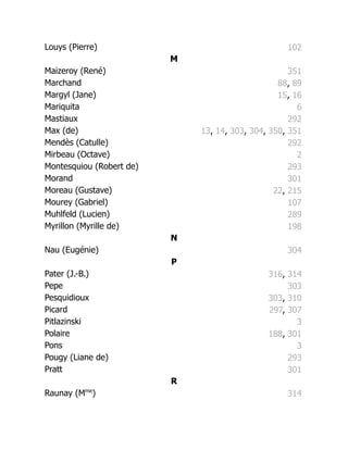 Louys (Pierre) 102
M
Maizeroy (René) 351
Marchand 88, 89
Margyl (Jane) 15, 16
Mariquita 6
Mastiaux 292
Max (de) 13, 14, 303, 304, 350, 351
Mendès (Catulle) 292
Mirbeau (Octave) 2
Montesquiou (Robert de) 293
Morand 301
Moreau (Gustave) 22, 215
Mourey (Gabriel) 107
Muhlfeld (Lucien) 289
Myrillon (Myrille de) 198
N
Nau (Eugénie) 304
P
Pater (J.-B.) 316, 314
Pepe 303
Pesquidioux 303, 310
Picard 297, 307
Pitlazinski 3
Polaire 188, 301
Pons 3
Pougy (Liane de) 293
Pratt 301
R
Raunay (Mme
) 314
 