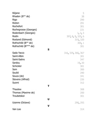 Réjane 5
Rhaden (Bron
de) 38
Rigo 290
Rioton 291
Rochefort 301
Rochegrosse (Georges) 231
Rodenbach (Georges) 1, 2, 3
Rodin 307, 8, 9, 325, 6
Rostand (Edmond) 319, 320
Rothschild (Bron
de) 300, 1
Rothschild (Bronne
de) 301
S
Sada Yacco 316, 329, 366, 367
Saint-Albin 301
Saint-Saëns 347
Sardou 19, 20
Schickler 301
Sem 300
Soulié 290
Souza (de) 341
Stevens (Alfred) 226
Suomi 312
T
Thaulow 308
Thomas (Maxime de) 200
Troubetskoï 301
U
Uzanne (Octave) 290, 293
V
Van Loo 314
 