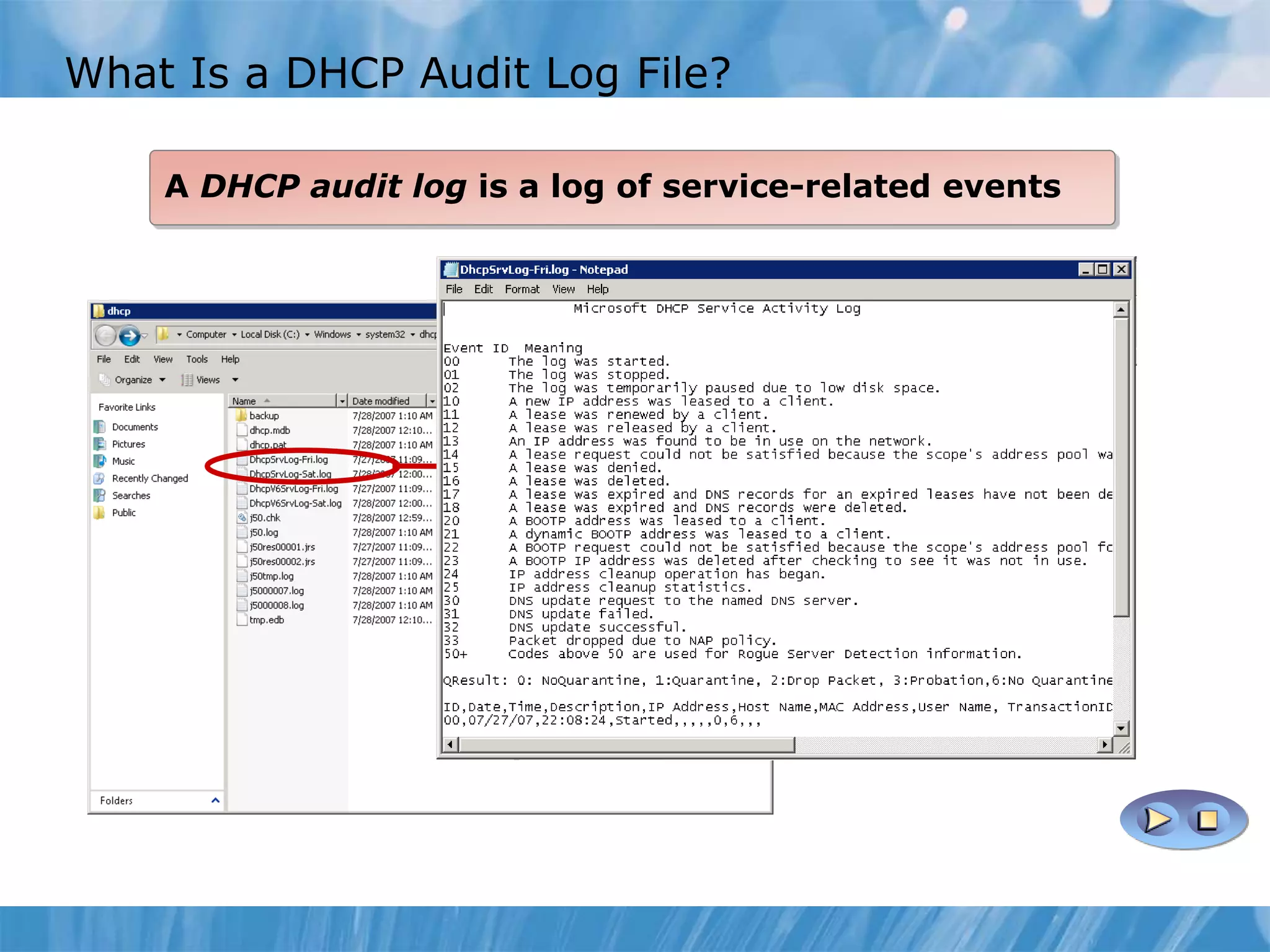 What Is a DHCP Audit Log File?
A DHCP audit log is a log of service-related events
 