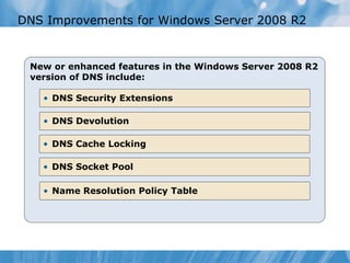 DNS Improvements for Windows Server 2008 R2
New or enhanced features in the Windows Server 2008 R2
version of DNS include:
• DNS Security Extensions
• DNS Devolution
• DNS Cache Locking
• DNS Socket Pool
• Name Resolution Policy Table
 