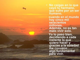 No caigas en lo que cayó tu hermano, que sufre por un ser humano,  cuando en el mundo hay cinco mil seiscientos millones.  Además, no es tan malo vivir solo.  Yo lo paso bien, decidiendo a cada instante lo que quiero hacer y gracias a la soledad me conozco...... algo fundamental para vivir.  