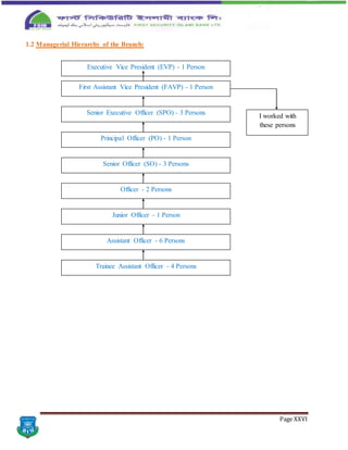 Page XXVI
1.2 Managerial Hierarchy of the Branch:
Executive Vice President (EVP) - 1 Person
First Assistant Vice President (FAVP) - 1 Person
Senior Executive Officer (SPO) - 3 Persons
Principal Officer (PO) - 1 Person
Senior Officer (SO) - 3 Persons
Officer - 2 Persons
Junior Officer - 1 Person
Assistant Officer - 6 Persons
Trainee Assistant Officer - 4 Persons
I worked with
these persons
 